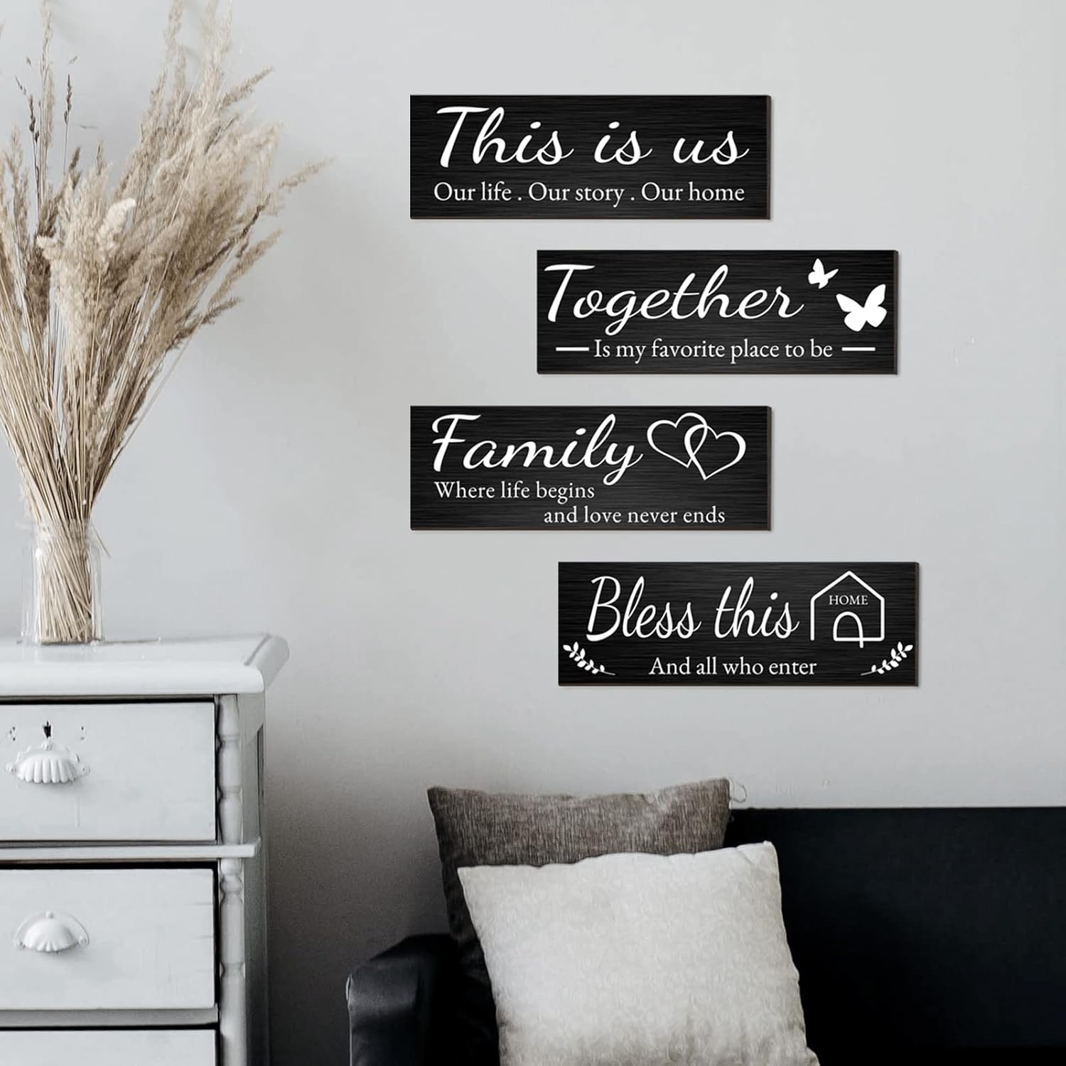 Joyhawk 4 Pieces Home Wall Decor Signs, THIS IS US/TOGETHER/BLESS THIS HOME/FAMILY Wall Decor For Living Room Bedroom, Rustic Wooden Farmhouse Wall Art Decor, 4.7 x 13.8 Inch(Black)