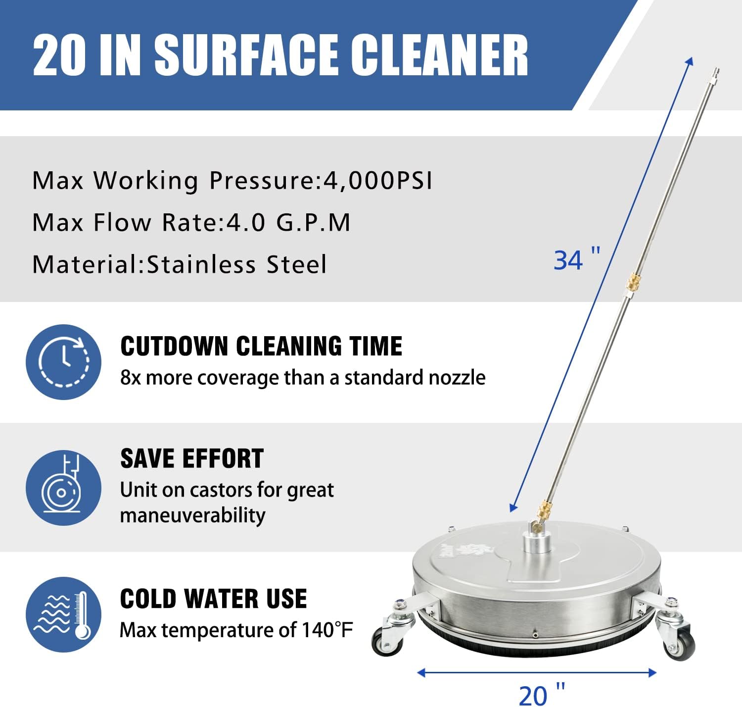 JANZ 20'' Pressure Washer Surface Cleaner with 4 Wheels, Stainless Steel Housing, 1/4" Quick Plug, 2 Extension Wands, 2 Replacement Nozzles and 3 Spray Nozzles, 4000 PSI