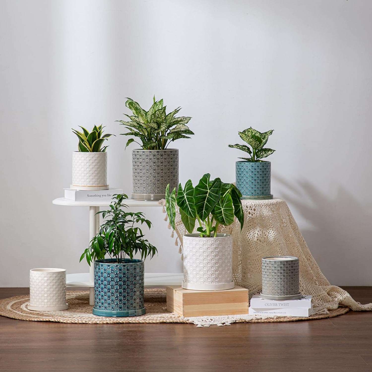 8 Inch Plant Pot: Ceramic Planter with Drainage Hole & Saucer Indoor Outdoor Plants - Cylinder Round Flower Pot for Home Office - Modern Decorative - Medium White