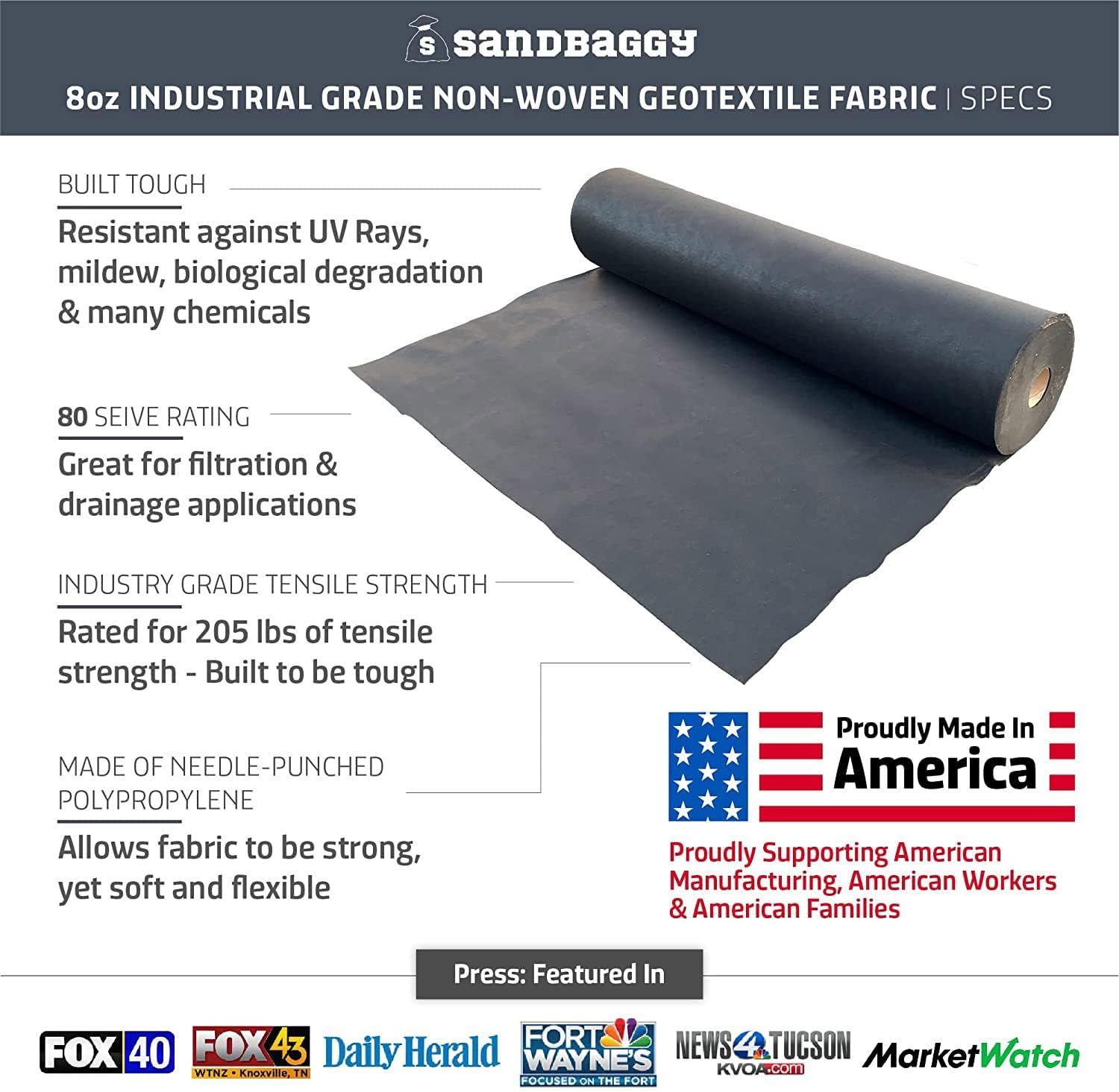 Sandbaggy Geotextile Pond Underlayment Padding | Made in USA | 50 YEAR Life* | Non Woven Fabric Protects Pond Liner From Damage | Made of Industrial Grade DOT Approved Fabric (40 ft x 20 ft or 800 sq ft)