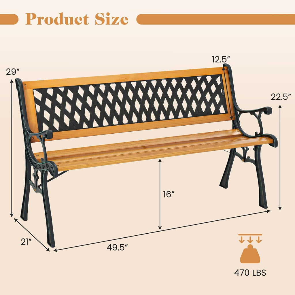 Giantex 49.5" 3-Person Outdoor Bench with Lattice Pattern Backrest, 470 Lbs Capacity, Slatted Seat, Curved Armrests, Cast Iron Metal Bench for Garden, Outside, Patio, Porch, Yard, Park