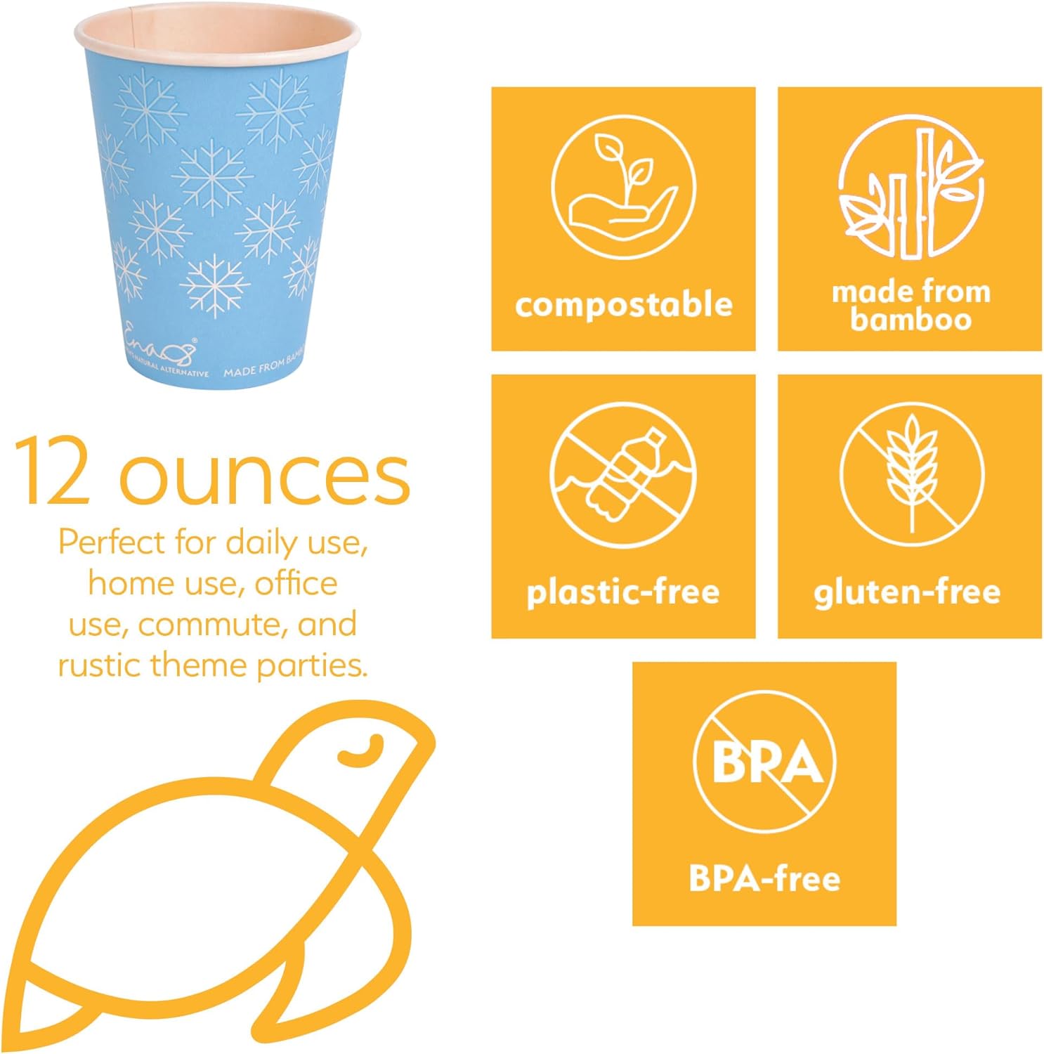 100% Compostable Disposable Coffee Cups [12oz (355ml) 80 Pack, Winter Blue] Paper Cups Made from Bamboo, Eco-Friendly, Biodegradable Premium Party Cups by Earth's Natural Alternative