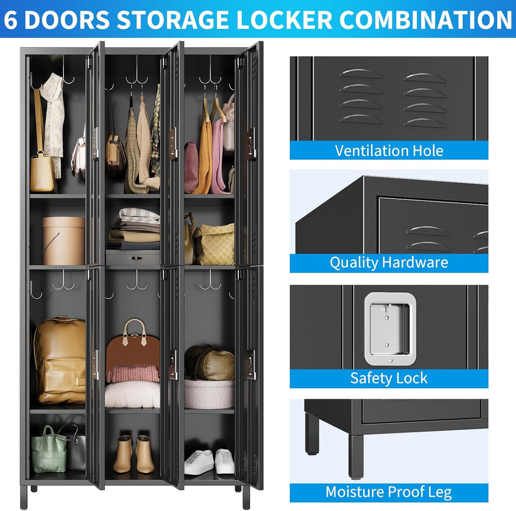 72" Metal Lockers for Employees with 6 Door, Black Metal Storage Cabinet with 18 Hooks, Industrial Locker, Assembly Required, for Gym, School, Classroom, Home, Bedroom, Office, Industrial