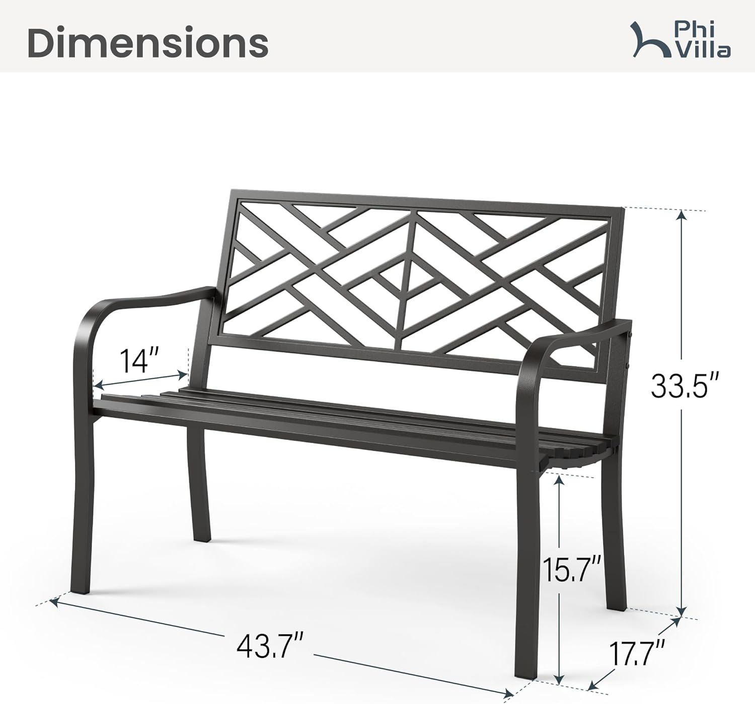 PHI VILLA 43 Inch Cast Iron Steel Frame Outdoor Garden Bench, Patio Furniture Chair Bench w/Line Pattern Design Backrest, Slatted Seat for Park, Yard, Porch - Black