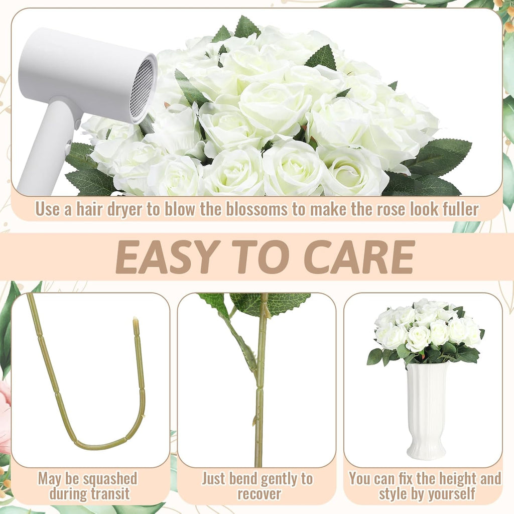 36 Pcs Silk White Rose Bouquet Bridal Artificial Flowers,Fake Rose Long Stem Realistic Artificial Flowers Bulk for Wedding Bouquet Ball Arrangement Centerpiece Party Decor