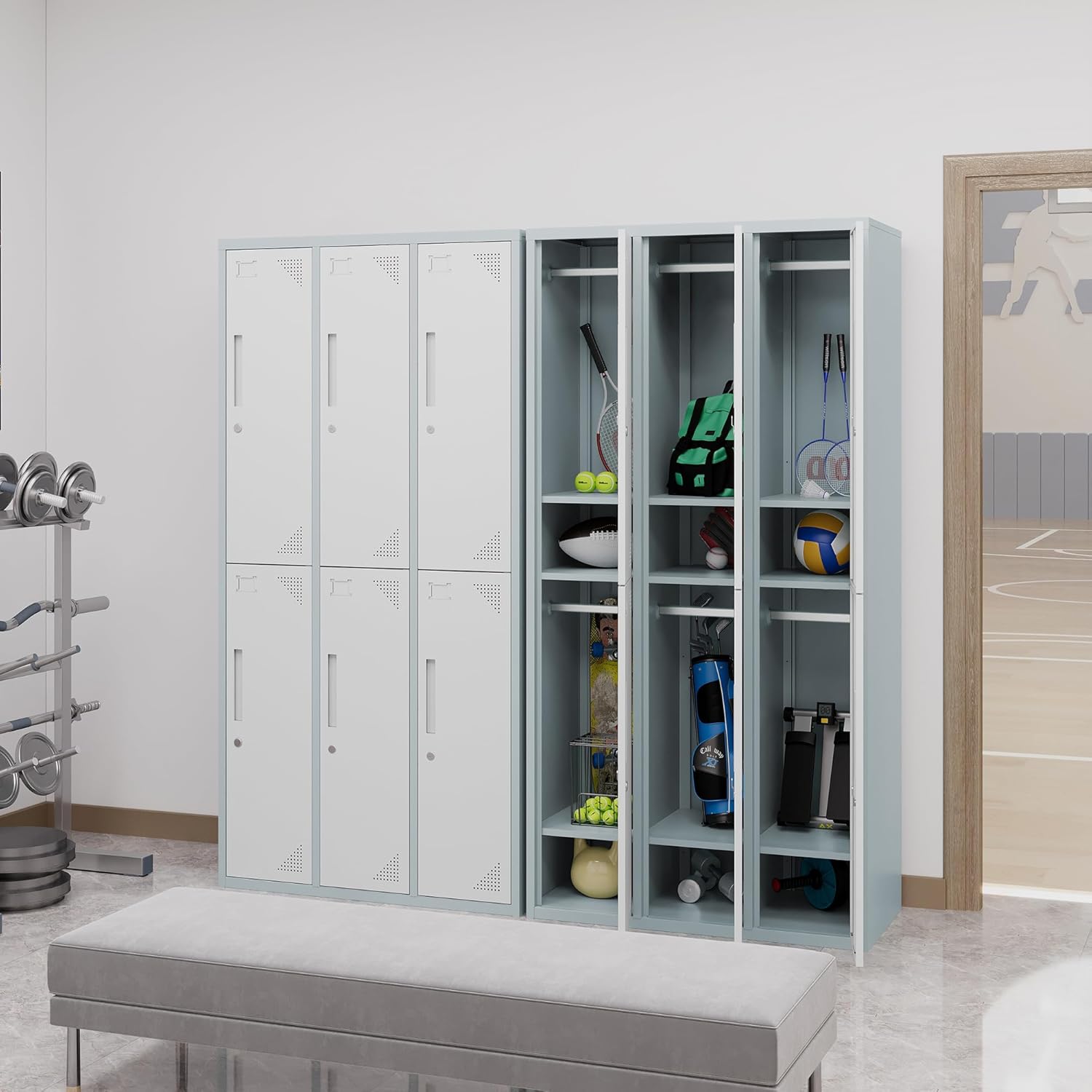 Metal Locker with 6 Doors Employees Locker, Metal Storage Locker with Hooks, 71" Storage Cabinet Lockers for Employees, Home, Office, Gym Requires Assembly (Grey White)