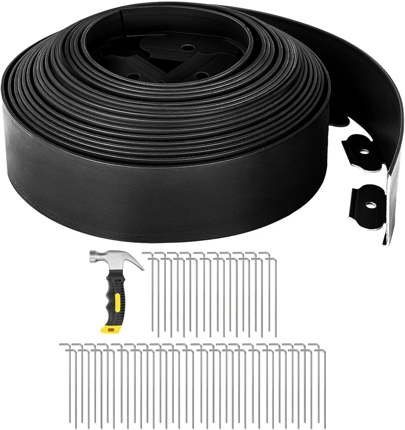 GROWNEER 66FT Landscape Edging Flexible 4 inch Tall Garden Border with 60pcs Galvanized Steel Anchoring Spikes and Hammer Lawn Edging Kit for Flower Bed, Pathway, Landscaping Project, Black