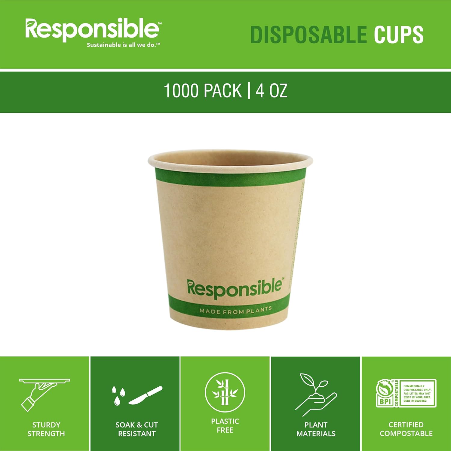 4 oz Paper Hot Cups, Tree-Less™ Compostable Paper Coffee Cups, Extra Strength, Tree-Free and Made Without PFAS, Natural Brown (1000 Count)