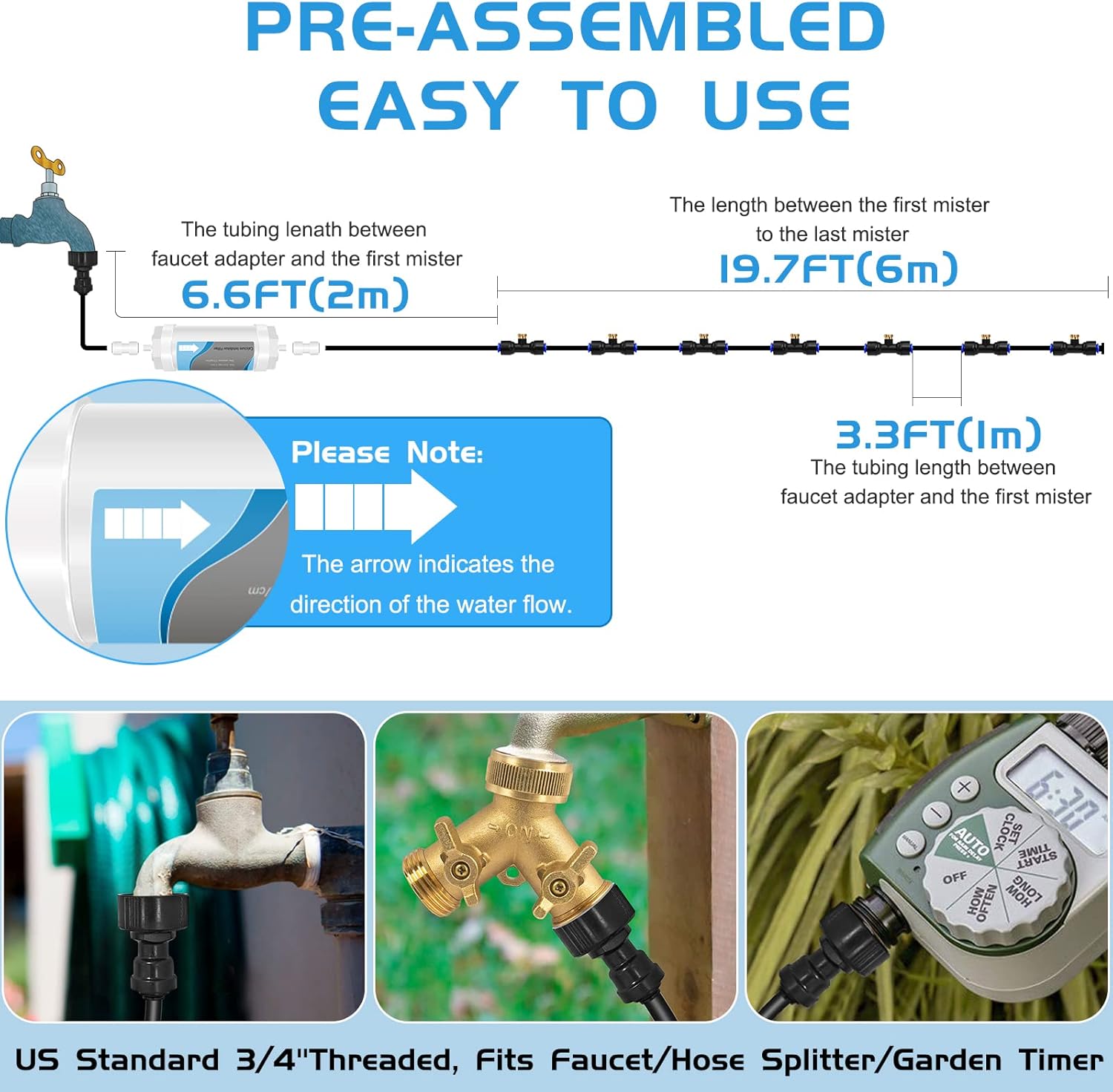 Misting System with Water Filter - Upgraded Signice 26 Ft (8M) Line & 7 Brass Mist Nozzles Outdoor Misters for Patio Cooling Mister Systems Kit for Outside Garden Backyard Greenhouse (Black)