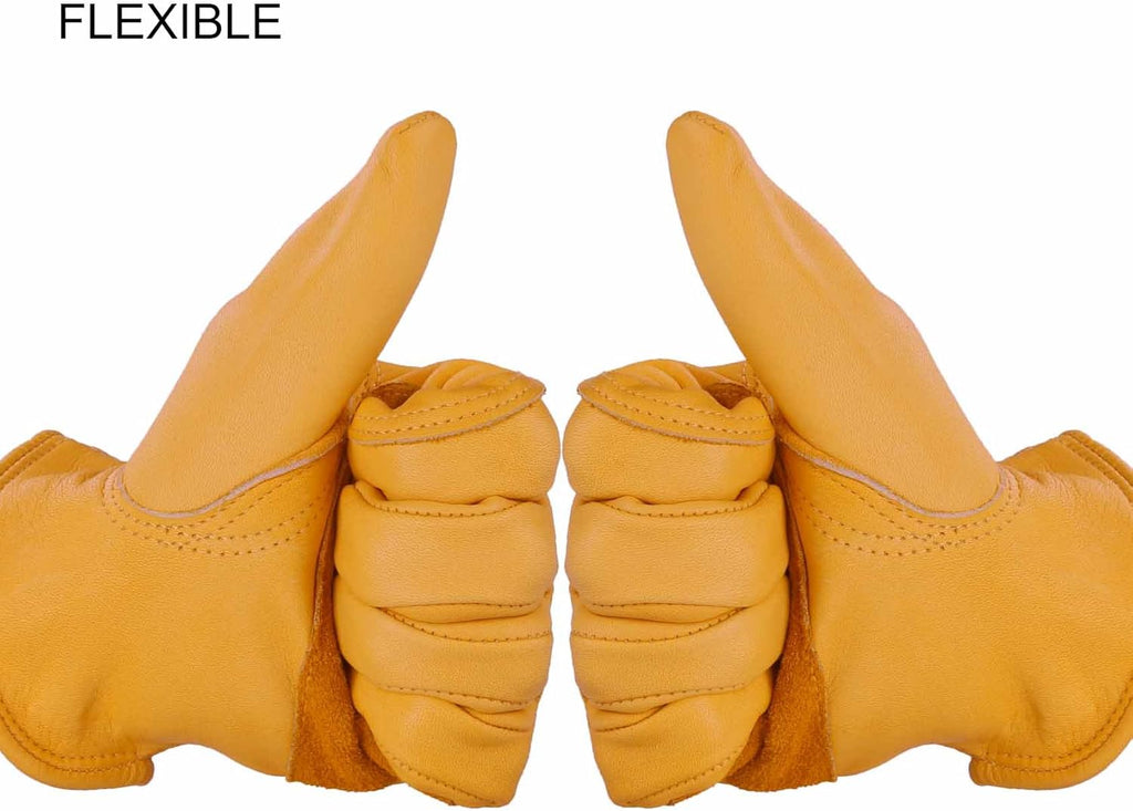 OZERO Flex Grip Leather Work Gloves Stretchable Wrist Tough Cowhide Working Glove 1 Pair (Gold, Large)