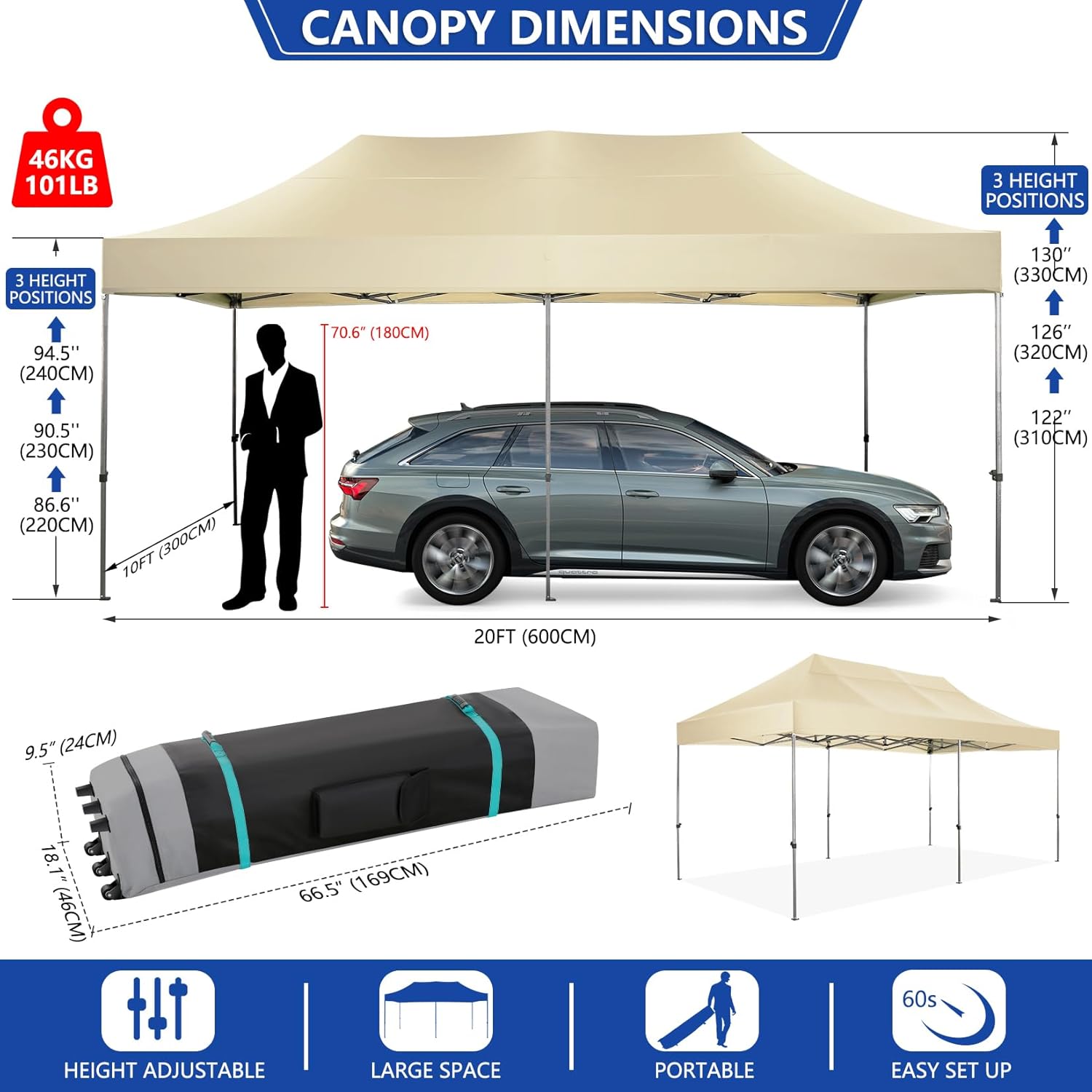 COBIZI 10x20 Pop up Canopy Tent Heavy Duty Without Sidewalls, Easy Set-up Commercial Outdoor Party Canopy, 100% Waterproof Wedding Gazebo, 3 Height Adjustable with Wheeled Bag, Khaki