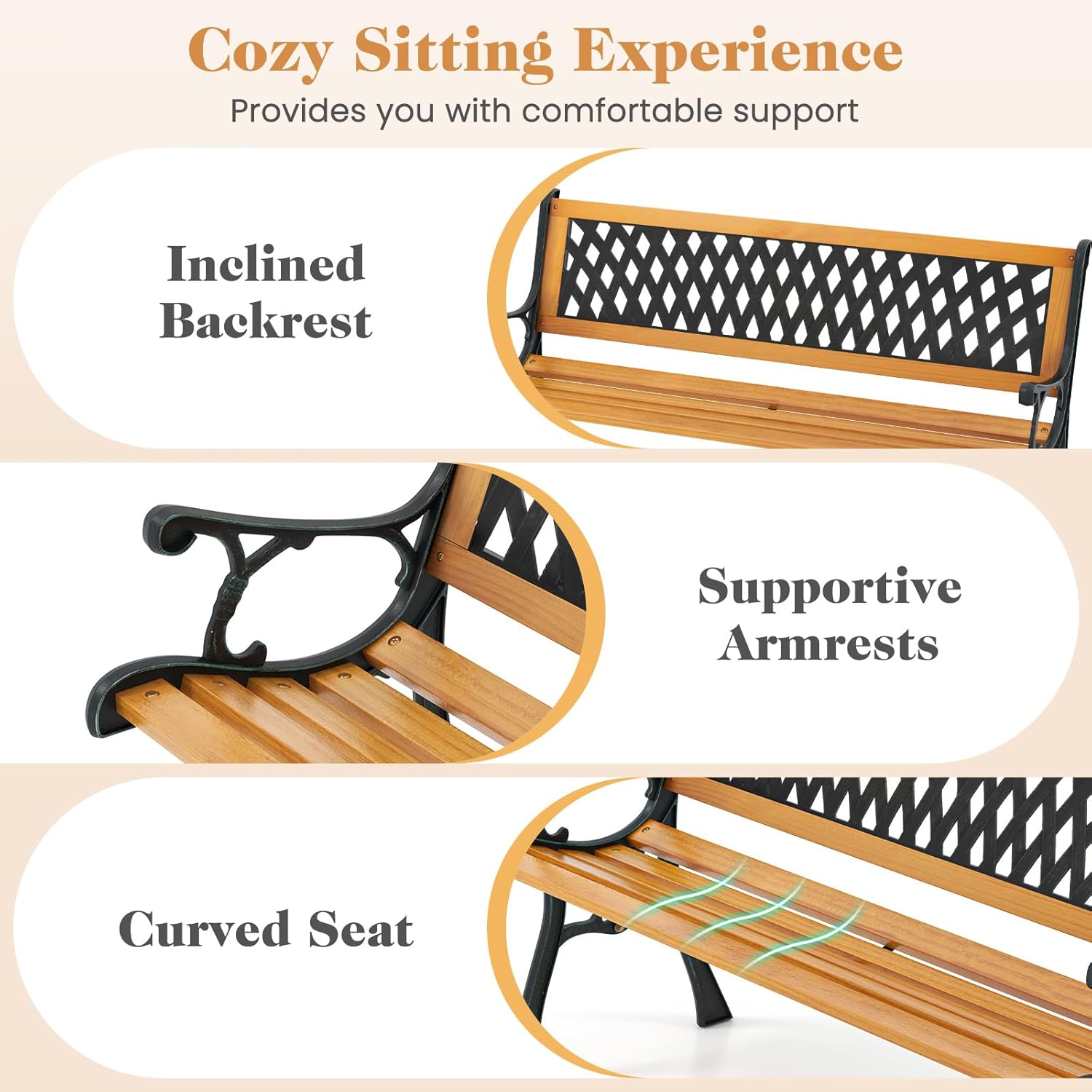 Giantex 49.5" 3-Person Outdoor Bench with Lattice Pattern Backrest, 470 Lbs Capacity, Slatted Seat, Curved Armrests, Cast Iron Metal Bench for Garden, Outside, Patio, Porch, Yard, Park