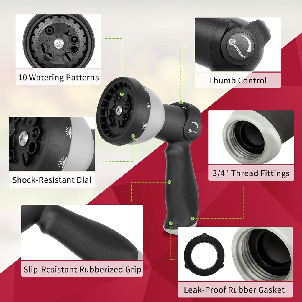 AUTOMAN Garden Hose Nozzle - 10 Adjustable Spray Patterns, Thumb Flow Control Hose Sprayer, Water Hose Spray Nozzle for Plants Watering, Car Washing, Window Cleaning, Pets Bathing, Outdoor Fun, Black