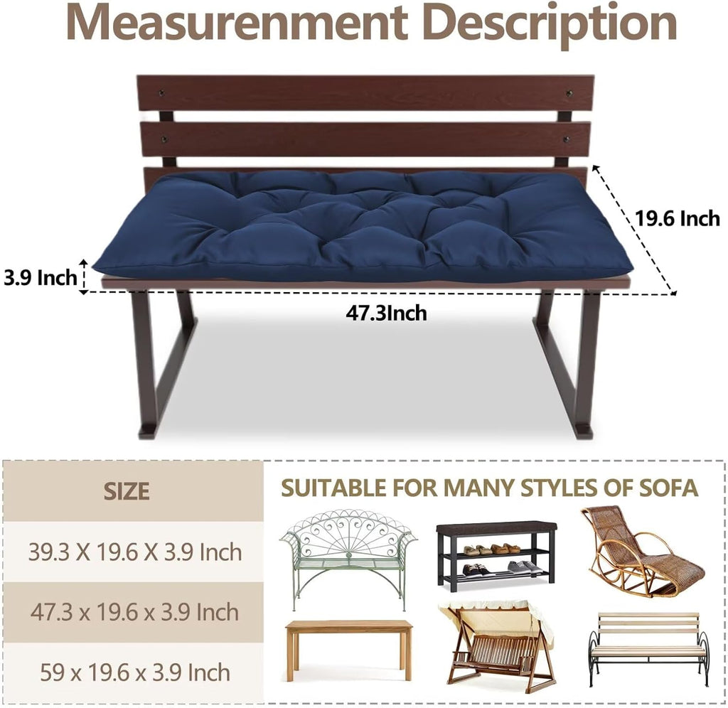 47.3 in Waterproof Indoor/Outdoor Garden Bench Seat Cushions，Thicken Patio Bench Soft Rocking Chairs Pad Lounger Seat for Wicker Loveseat Settee（47.3 X 19.6 in，Navy）