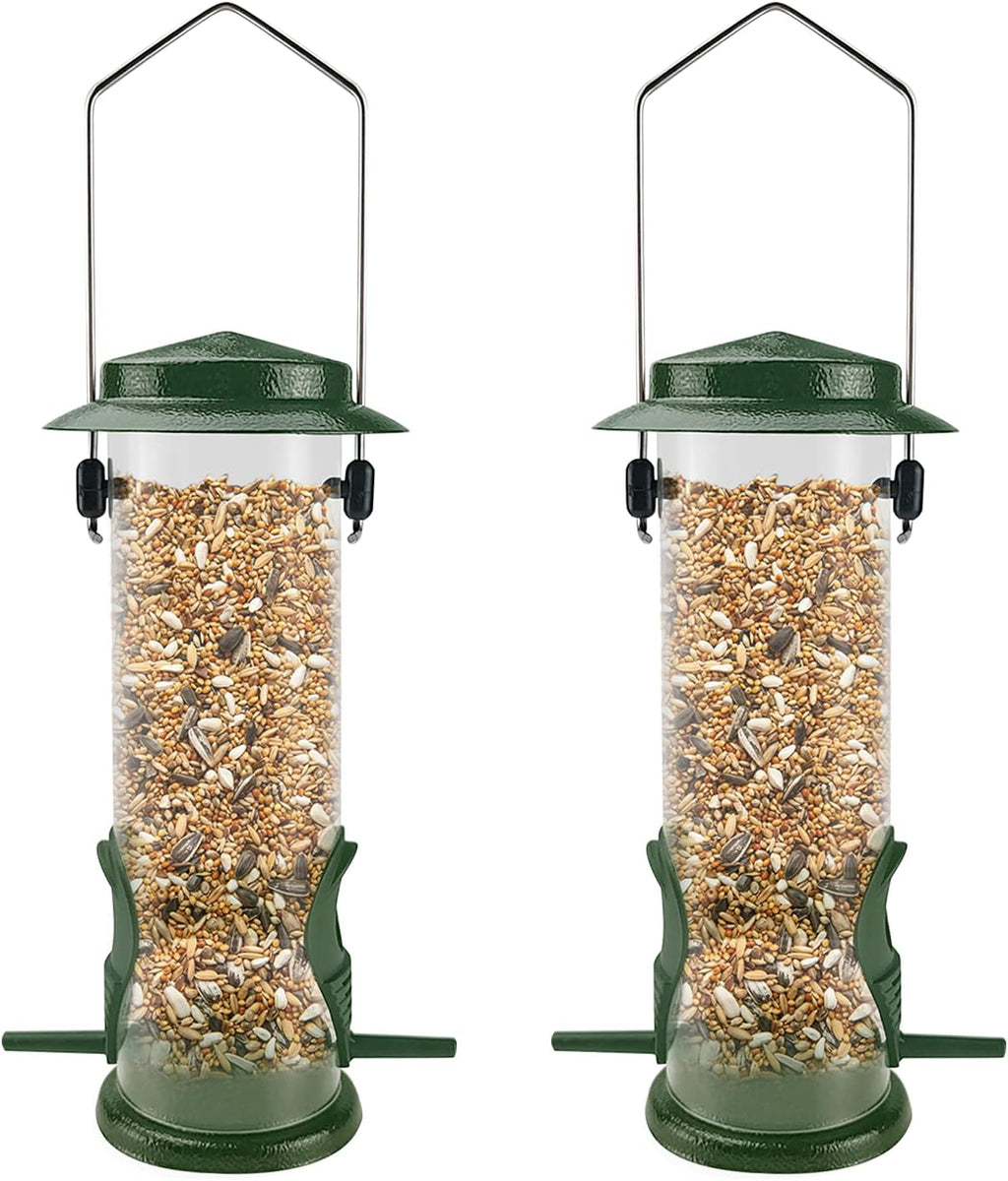 MIXXIDEA Wild Bird Feeders For Outdoors Hanging Stainless Steel Hanging Bird Feeder Tube, Finch Feeder For Garden Backyard Decoration Attractive Water Resistant Bird Feeders For Outside Green - 2 Pack