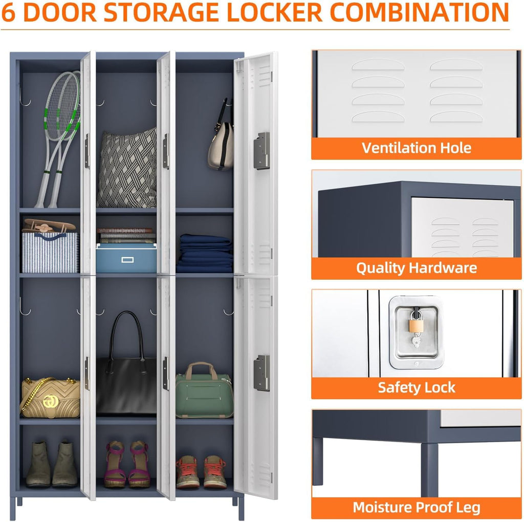 METAN Metal Locker for School Office Gym Bedroom,6 Doors Steel Storage Locker Cabinet for Employees,Industrial Storage Locker with 1 Shelves,Assembly Required,Gray+White…