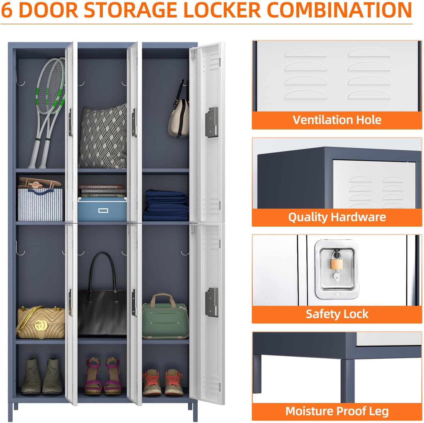 METAN Metal Locker for School Office Gym Bedroom,6 Doors Steel Storage Locker Cabinet for Employees,Industrial Storage Locker with 1 Shelves,Assembly Required,Gray+White…