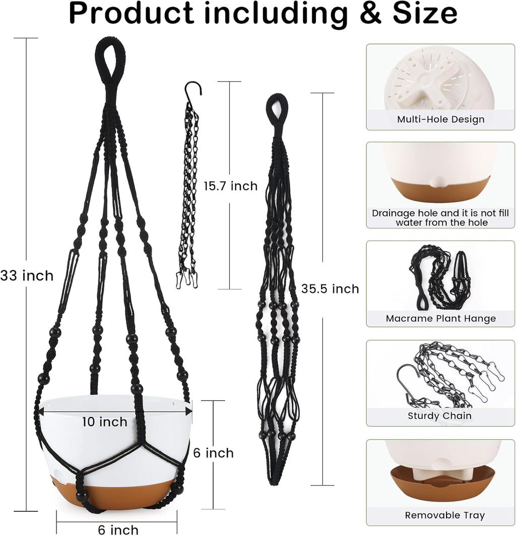 10 Inch Hanging Planter, 2 Pack Hanging Plant Self Watering Pot with Drainage Holes & Saucers, Hanging Baskets Flower Pots with Black Macrame Rope Hangers for Garden Home -White