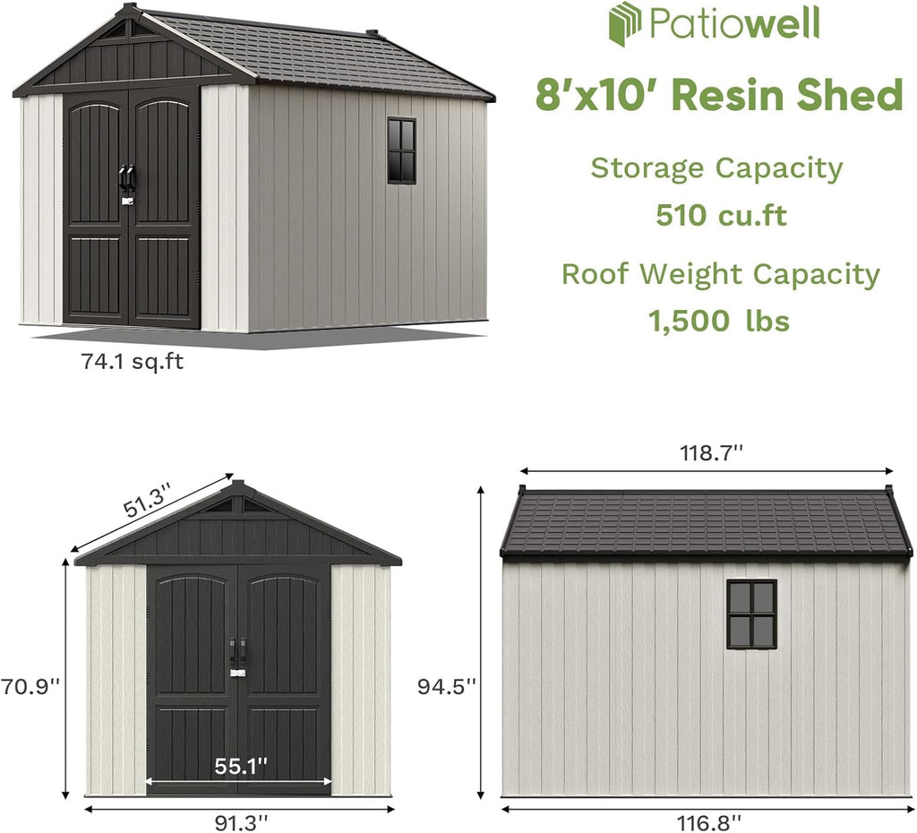 Patiowell 8 x 10 FT Resin Outdoor Storage Shed with Floor, Plastic Shed with Window and Lockable Door for Garden, Backyard, Tool Storage Use, Easy to Install in Beige (Kick-it Shed)