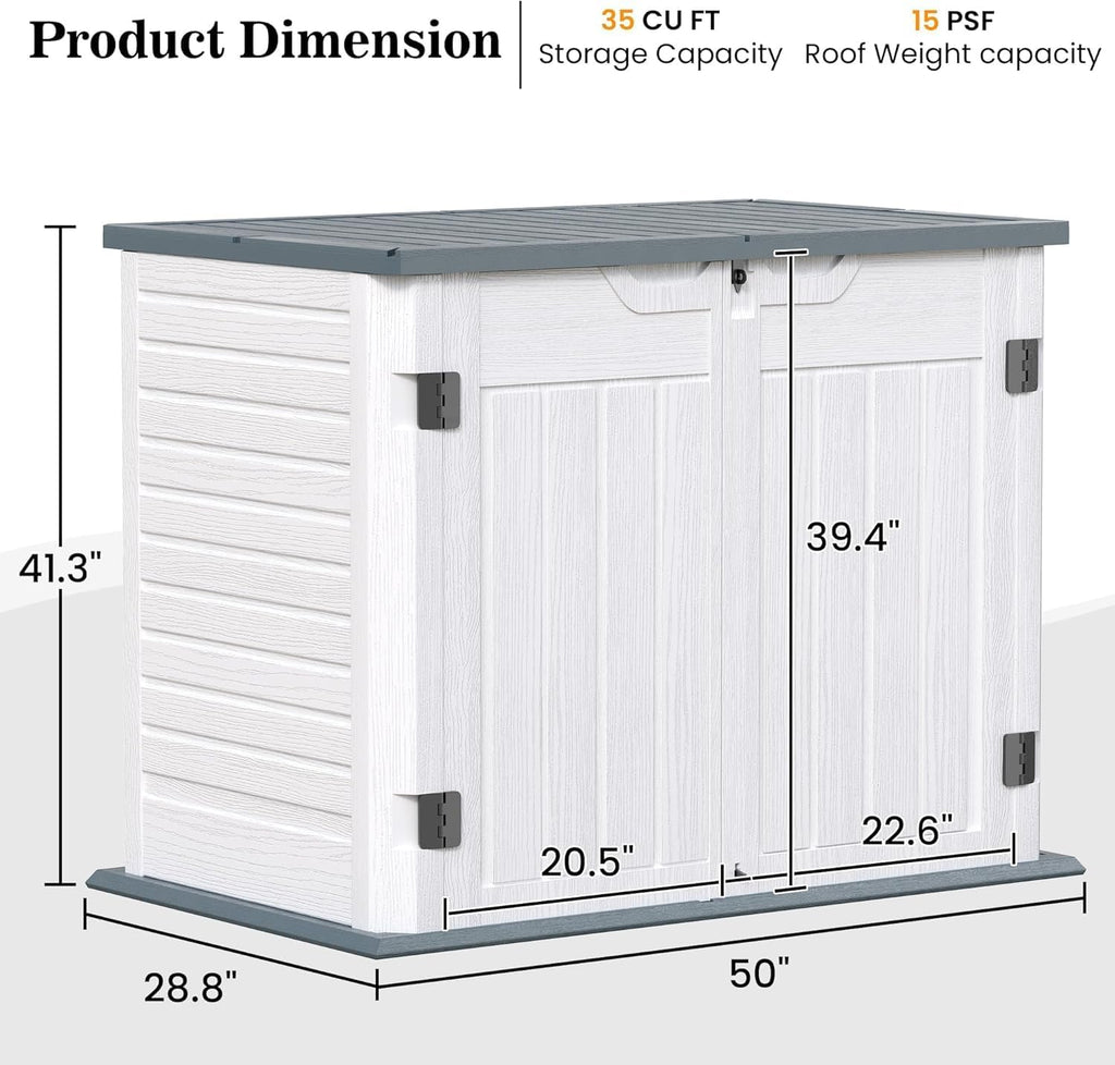 UDPATIO Outdoor Storage Cabinet 35 Cu Ft, Resin Horizontal Outdoor Trash Can Storage Box Lockable Shed 4 x 2 ft for Garbage, Garden Tools, Lawn Mowers