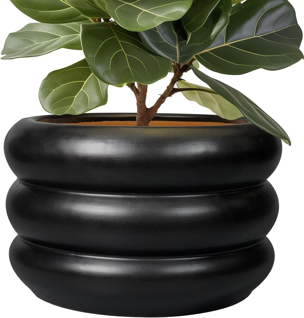 SQOWL Ceramic Flower Pot 13.5 Inch - Large Planter for Indoor Plants Outdoor Plant Pot with Drainage Hole Round Planter Mid-Century Flower Pot for Porch Living Room Decor Black