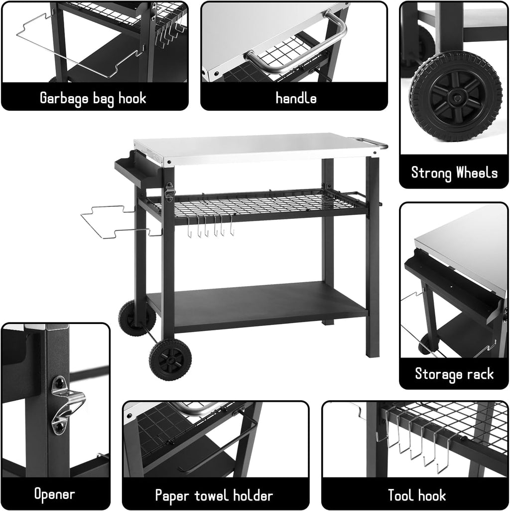Dining Cart Table with Three Shelf, Movable Outdoor BBQ Grill Table Pizza Oven Stand with Three Hooks, Kitchen Cart Island Multifunctional Food Prep Table for Inside and Outside (Sliver)