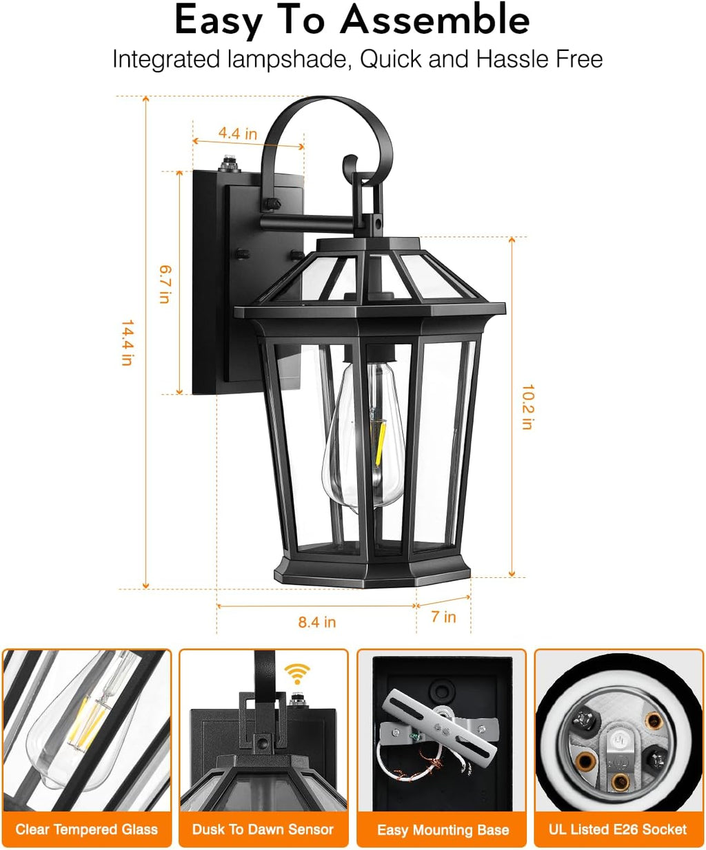 VIANIS Dusk to Dawn Outdoor Wall Lighting, Exterior Light Fixture Wall Mount for House Front Porch Light, Black Anti-Rust Aluminium Modern Outside Coach Lantern with Tempered Glass Shade for Garage