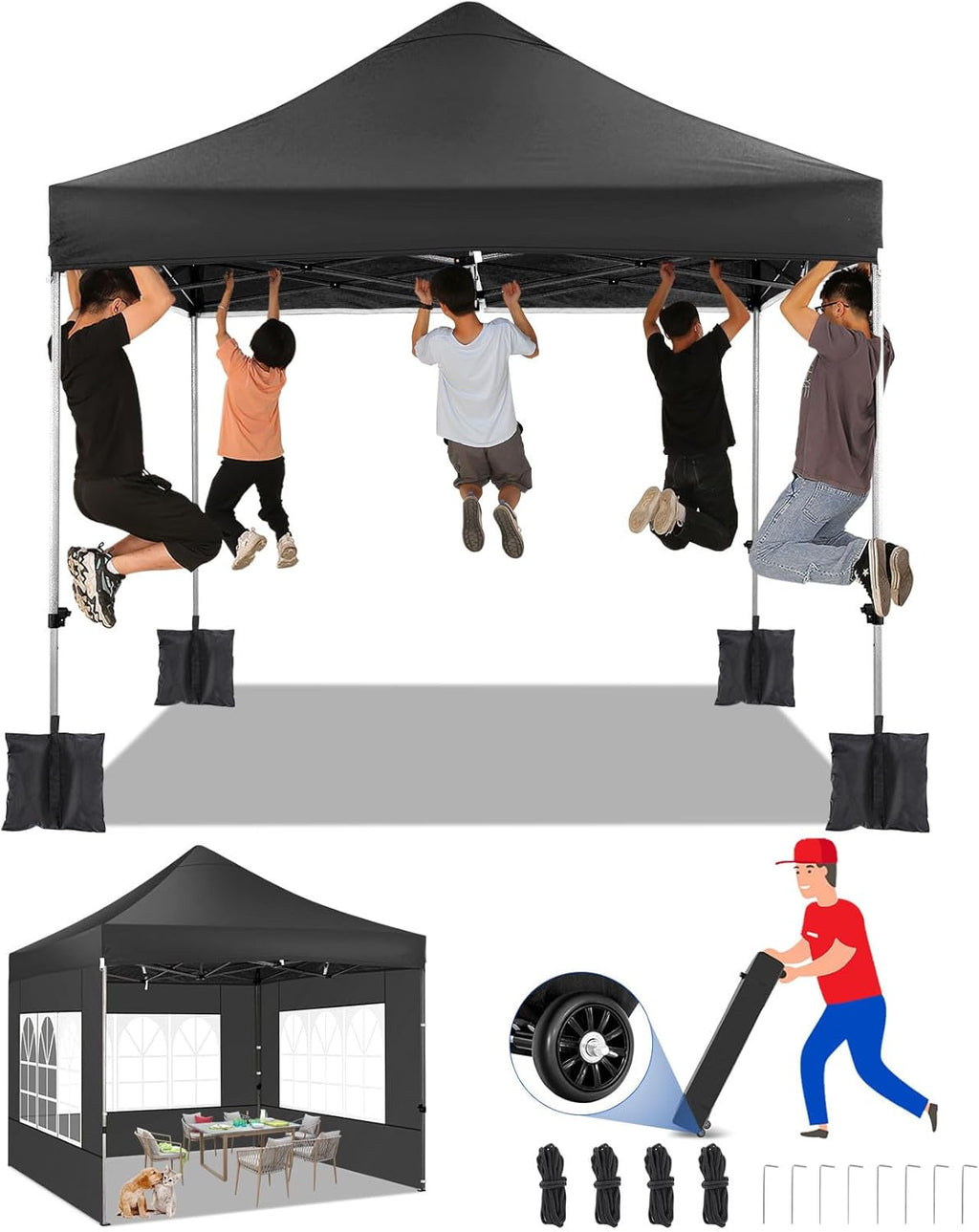 COBIZI 10x10 Pop up Canopy Tent Heavy Duty with 4 Sidewalls, Easy Set-up Commercial Outdoor Party Tent, 100% Waterproof Wedding Gazebo, 3 Height Adjustable with Wheeled Bag,Black