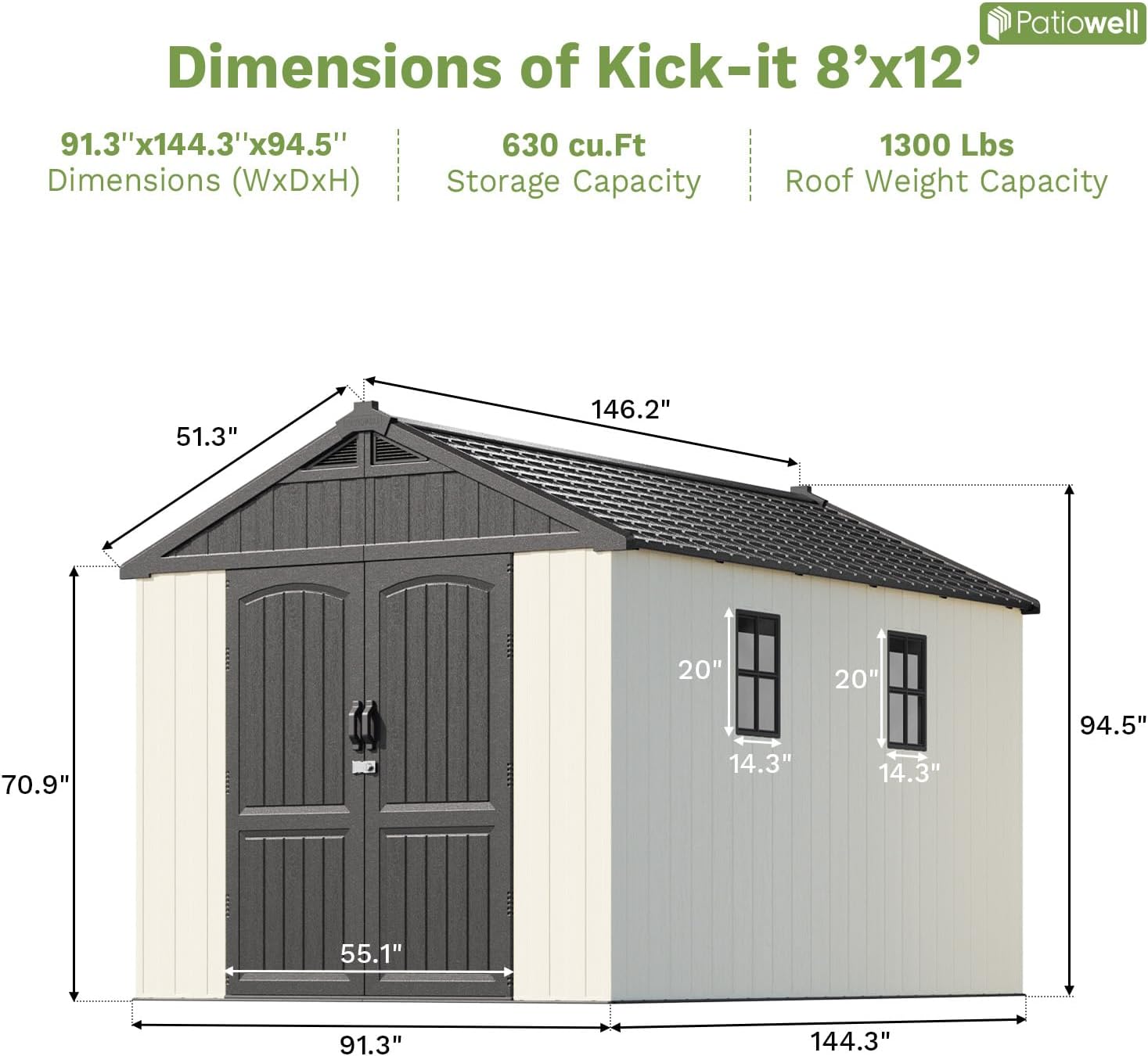 Patiowell 8 x 12 FT Resin Outdoor Storage Shed with Floor, Large Shed with Light and Lockable Door for Garden, Backyard, Tool Storage Use, Easy to Install in Beige (Kick-it Shed)