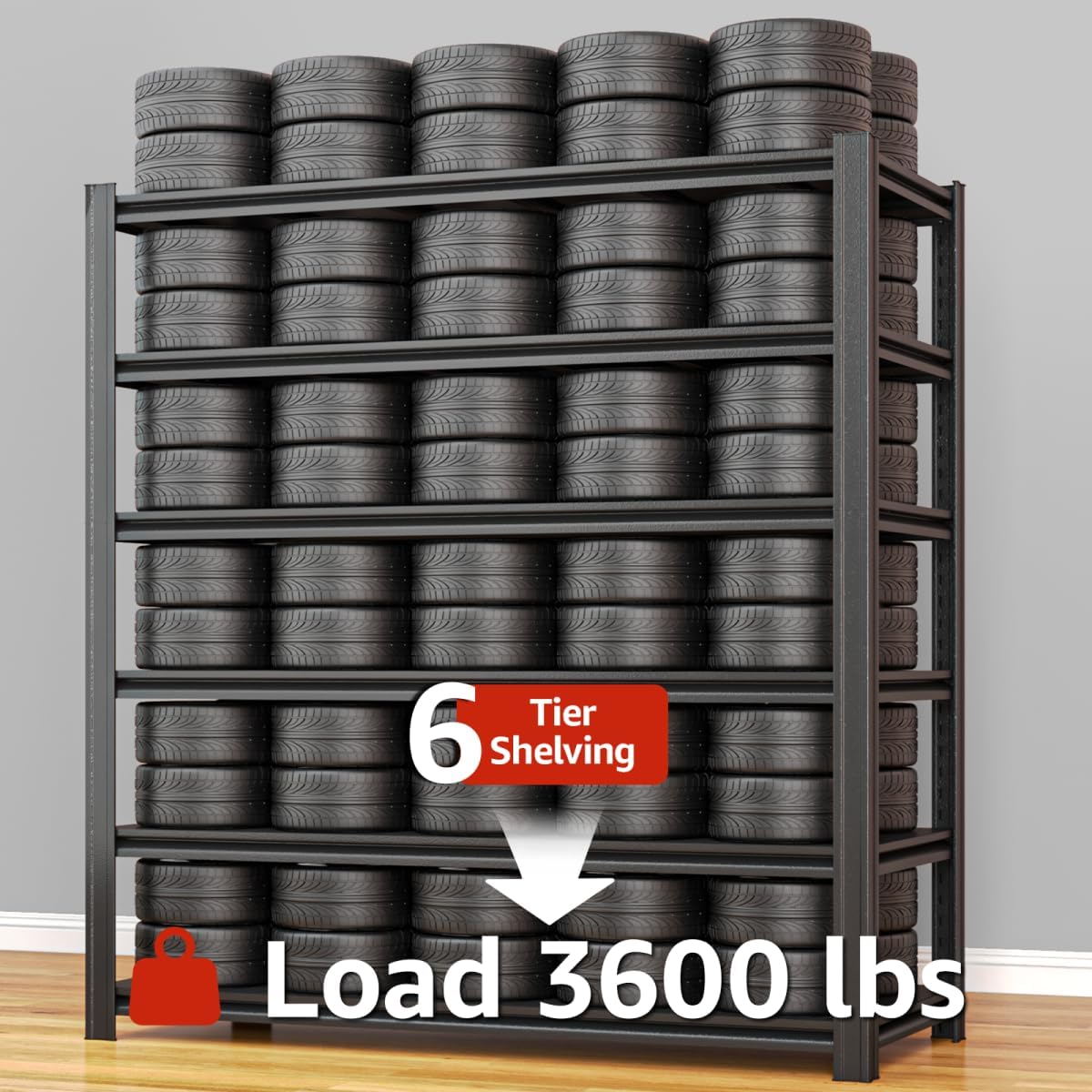3600LBS 6 Tier Metal Shelving Unit 84" H x 55" W x 24" D, Adjustable Garage Shelves, Heavy Duty Storage Shelves for Warehouse, Basement, Kitchen, Pantry, Living Room, Black