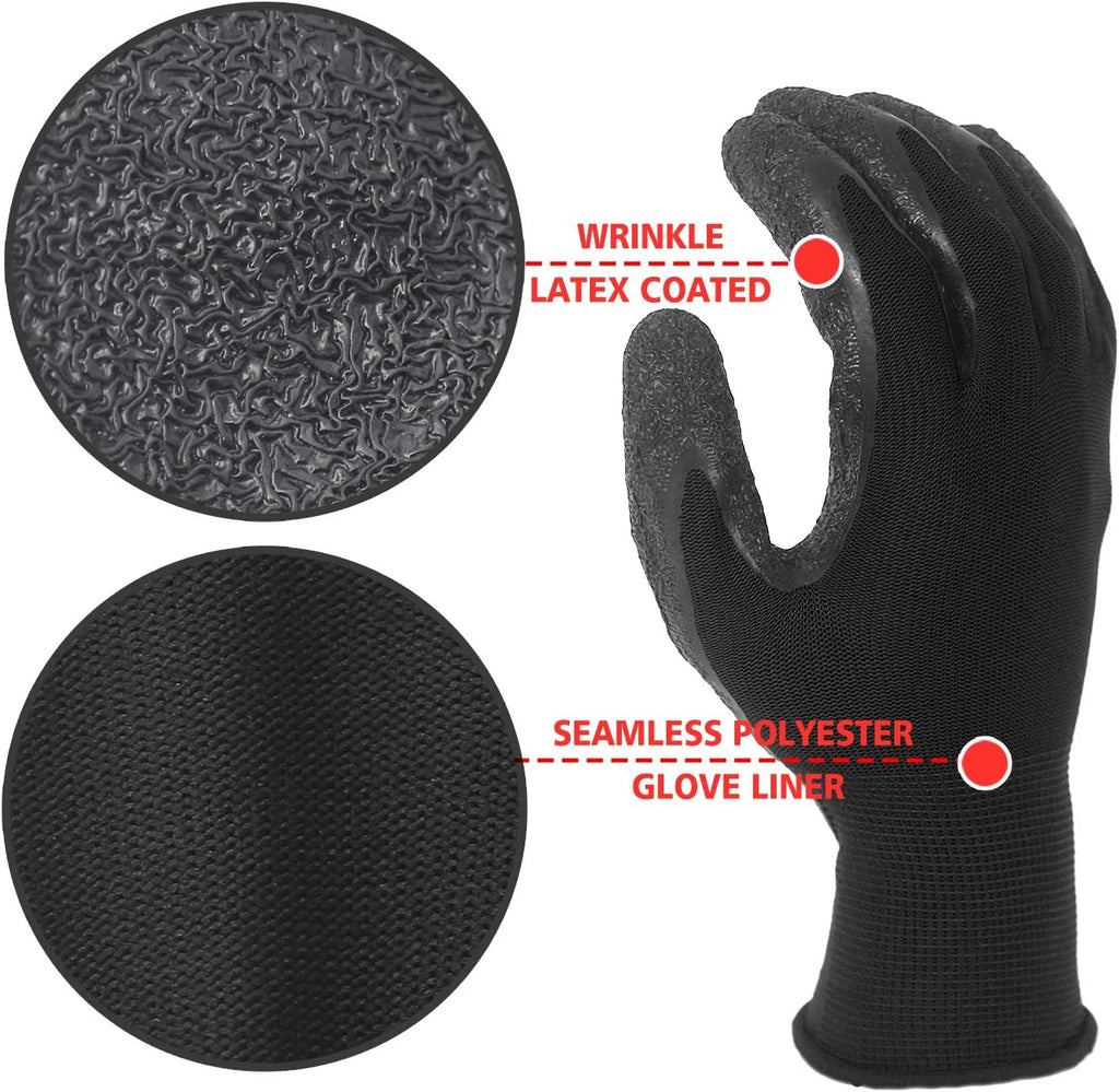 Evridwear Crinkle Latex Rubber Hand Coated Safety Work Gloves for Men Women General Multi Use Construction Warehouse Gardening Assembly Landscaping (M-Size Sizing) 12 Pairs Pack