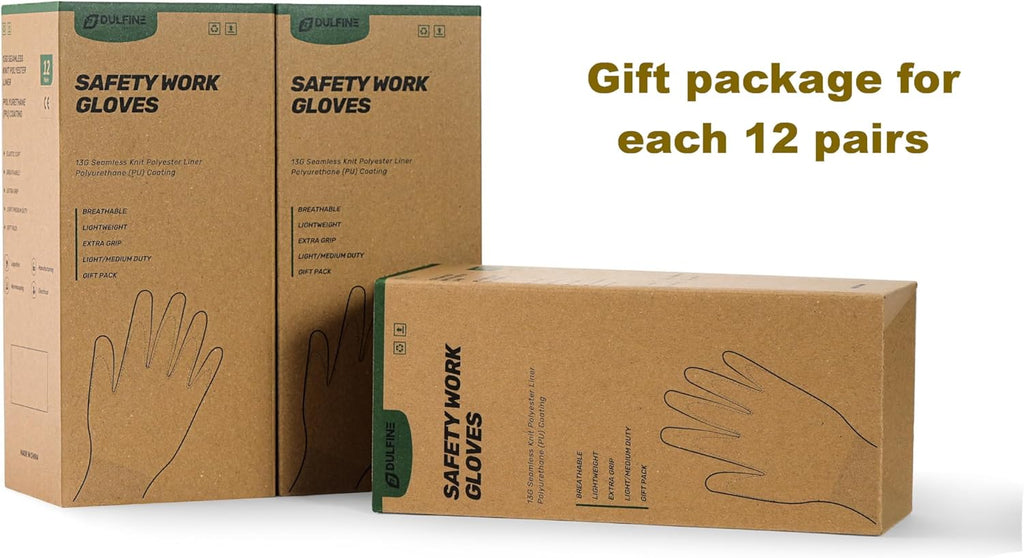 DULFINE Safety Work Gloves PU Coated-12 Pairs,White Seamless Knit Glove with Polyurethane Coated Smooth Grip on Palm & Fingers, for Men and Women, Ideal for General Duty Work (Small)