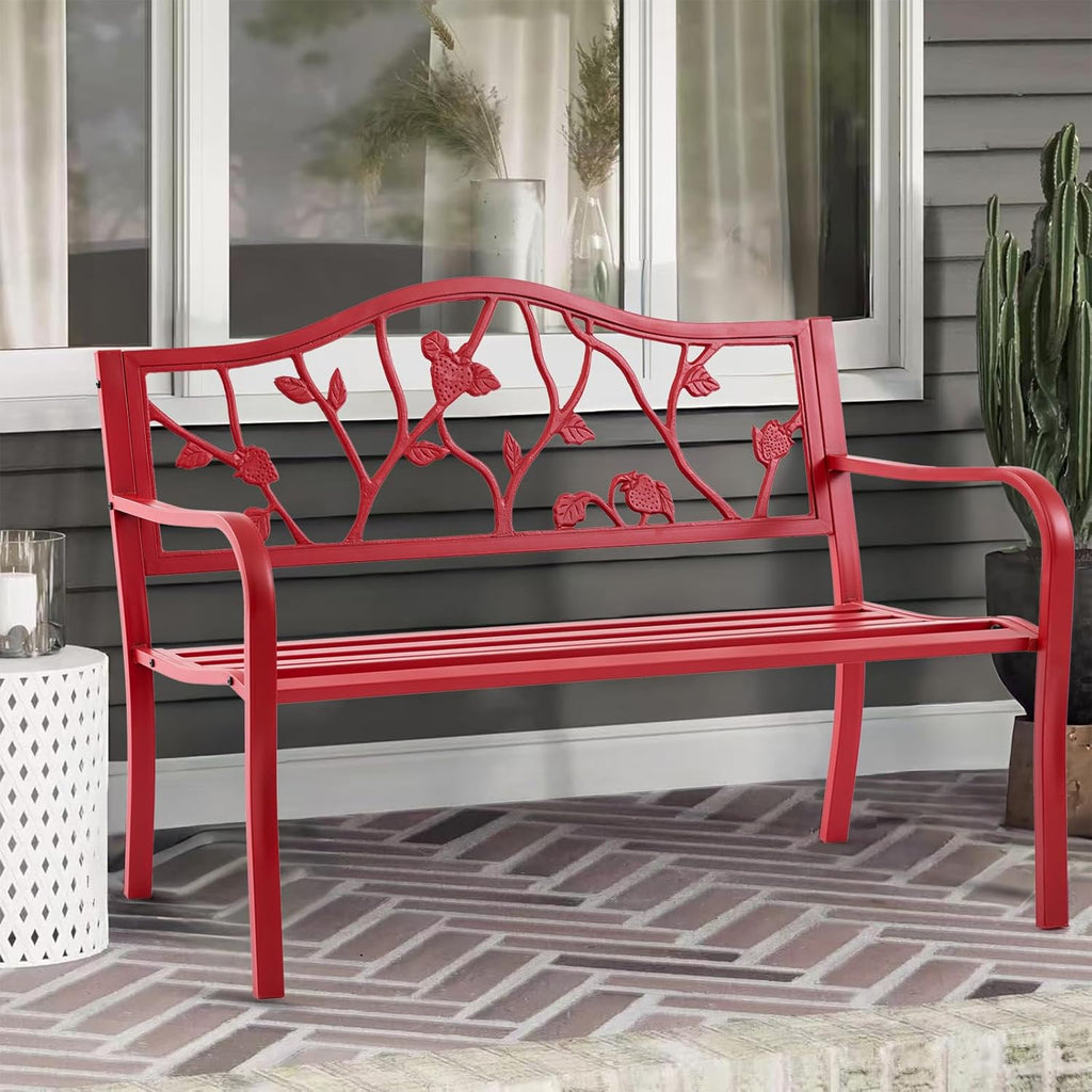 50” Strawberry Outdoor Garden Bench, Weatherproof Sturdy Cast Iron Metal Frame Patio Park Bench for Porch Yard Lawn Deck Park (Red Strawberry Style)