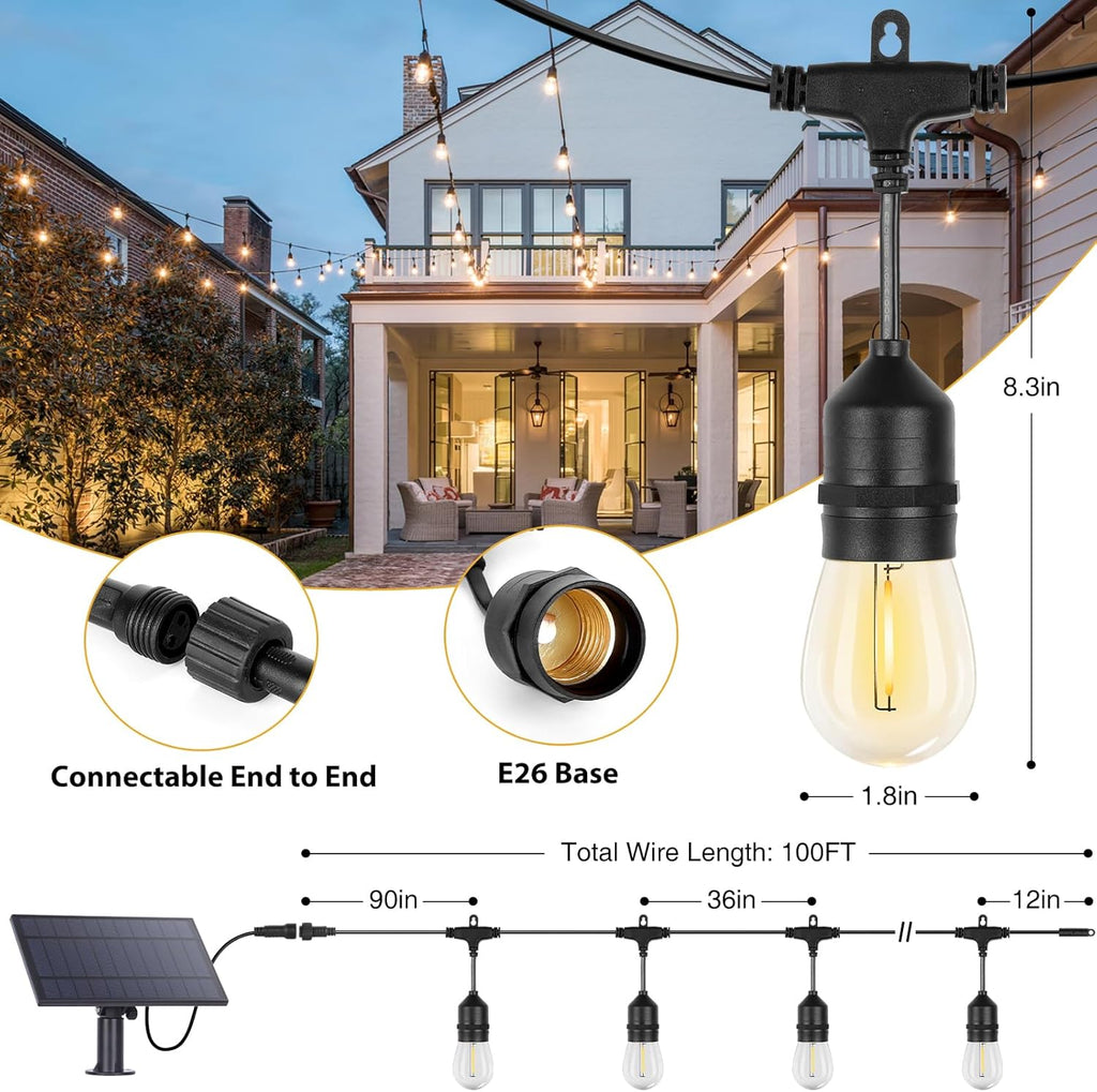 ZJOJO Solar String Lights Outdoor Waterproof 100FT,Solars Light Outdoor with 30+2 Shatterproof Bulbs IP65, Patio Lights SolarPowered &USB Port, LED String SolarLights for Outside Decor