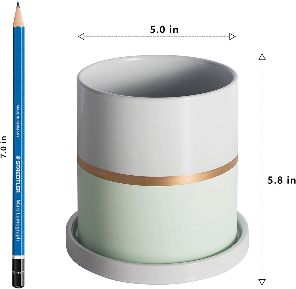 Ekirlin 5 inch Plant Pot - Ceramic Flower Planters Indoor - Modern Succulents Containers with Drain Hole Saucer, Decorate Home, Office & Outdoor (Green)