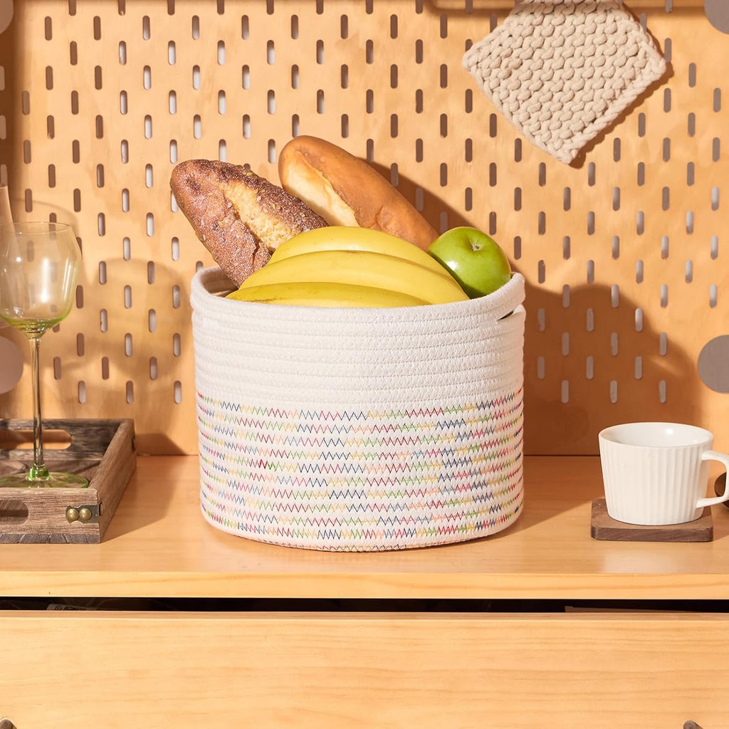 Small Basket for Organizing | Cube Shelf Closet Storage Baskets | 9.7×9.7×7.1” | Woven Rope Gift Basket | Nursery | Round 3 Packs Rainbow