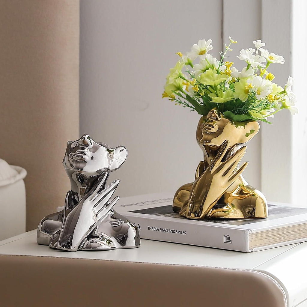 BrownLove Golden Ceramic Face Vase, Modern Golden Decorative Art Vase, Bookshelf Placed On The Desktop, Small Living Room, Office and Bedroom