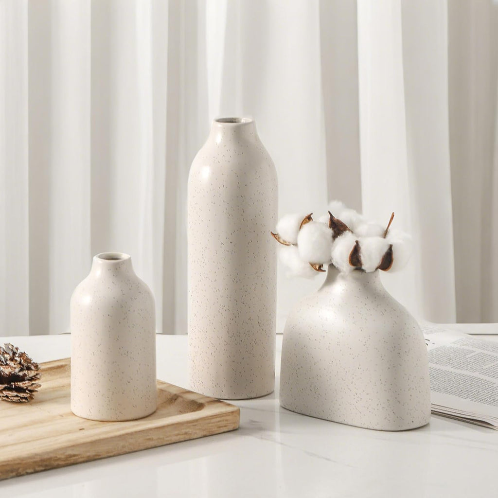 Ceramic Vase Set of 3, White Flower Vase Home Decor,Modern Farmhouse Decor,Pampas Grass Dried Fresh Flowers Living Room,Bookshelf Decoration, Centerpiece Table Decor,Boho Decor.(White)