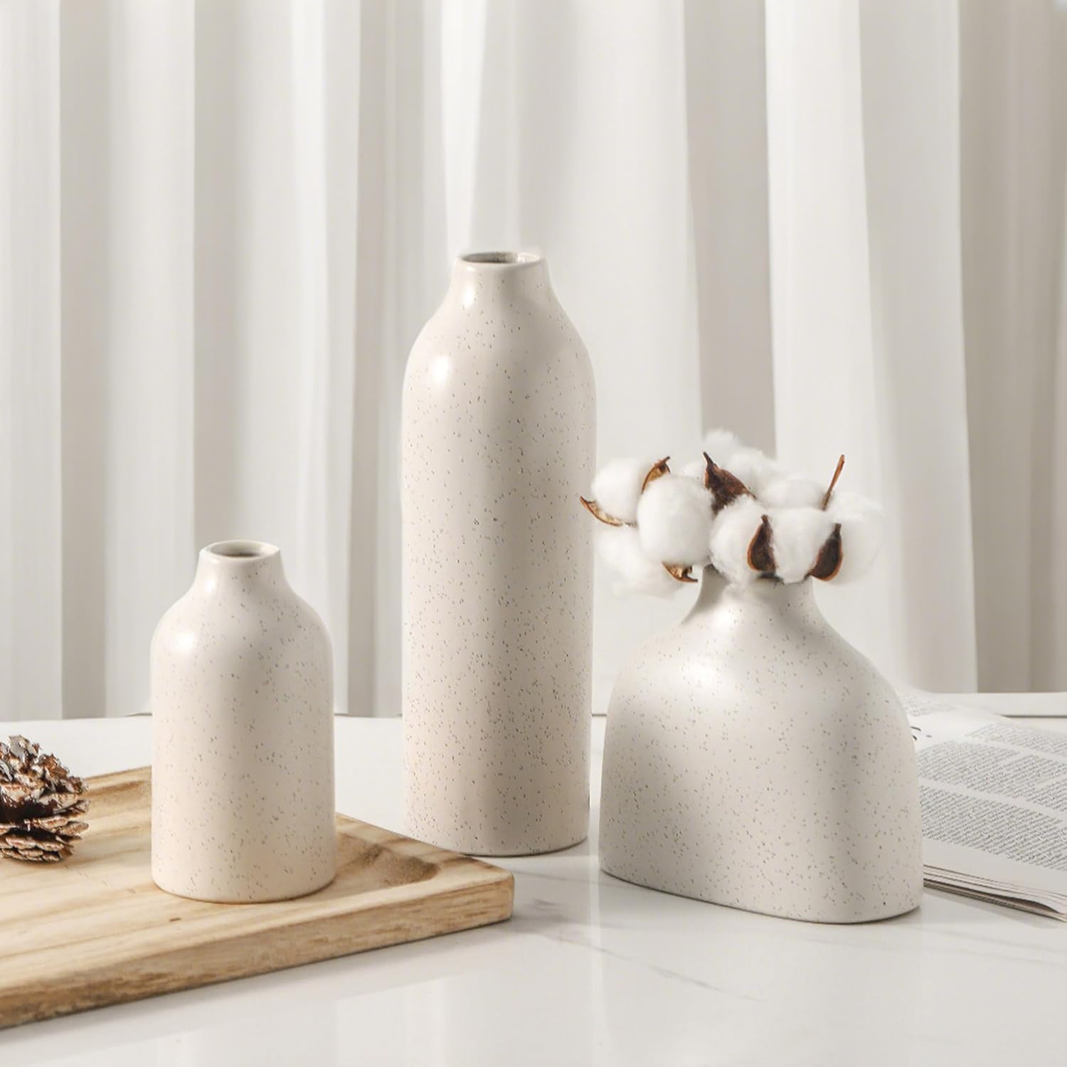 Ceramic Vase Set of 3, White Flower Vase Home Decor,Modern Farmhouse Decor,Pampas Grass Dried Fresh Flowers Living Room,Bookshelf Decoration, Centerpiece Table Decor,Boho Decor.(White)