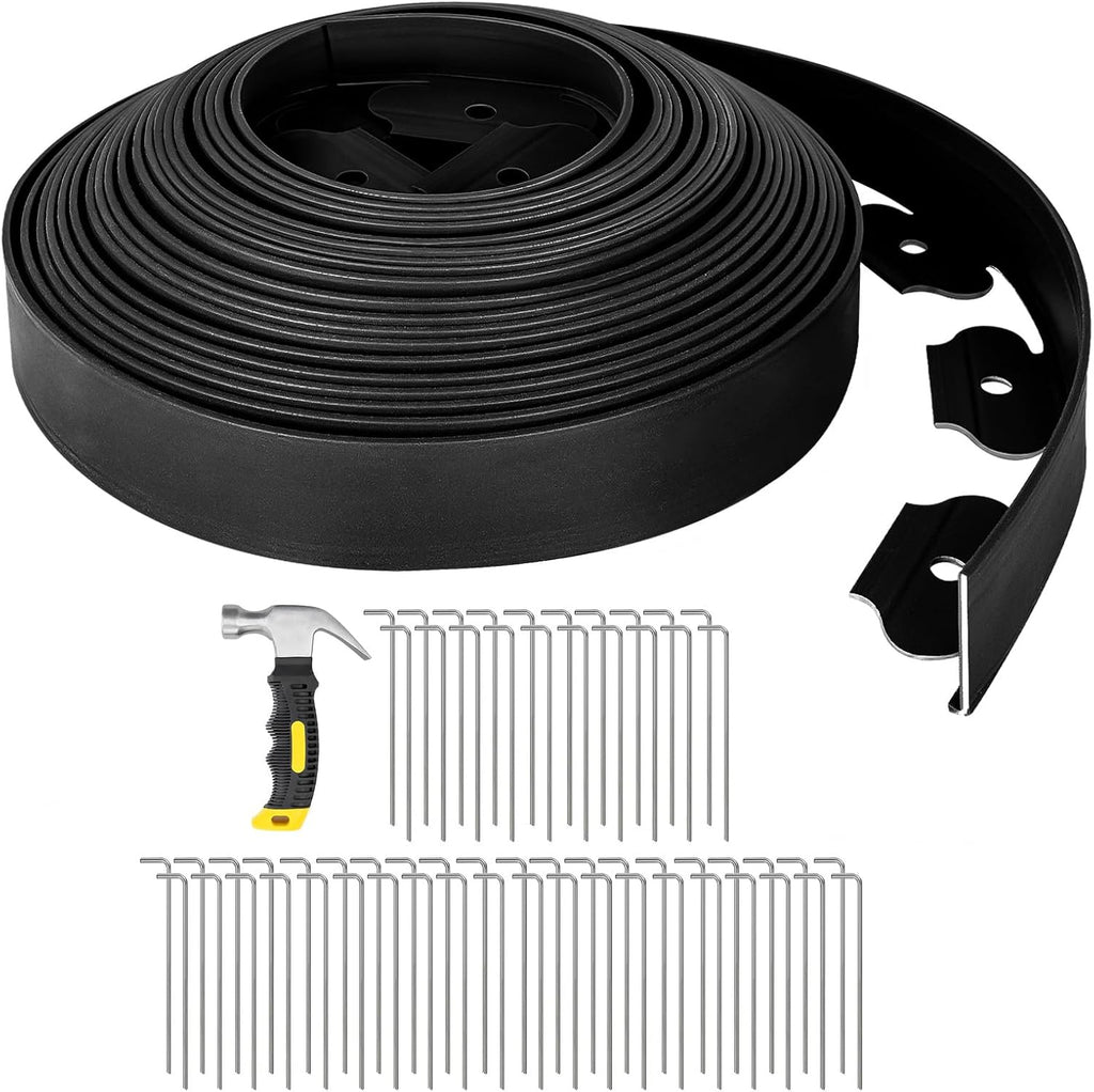 GROWNEER 66FT Landscape Edging Flexible 2 inch Tall Garden Border with 60pcs Galvanized Steel Anchoring Spikes and Hammer Lawn Edging Kit for Flower Bed, Pathway, Landscaping Project, Black