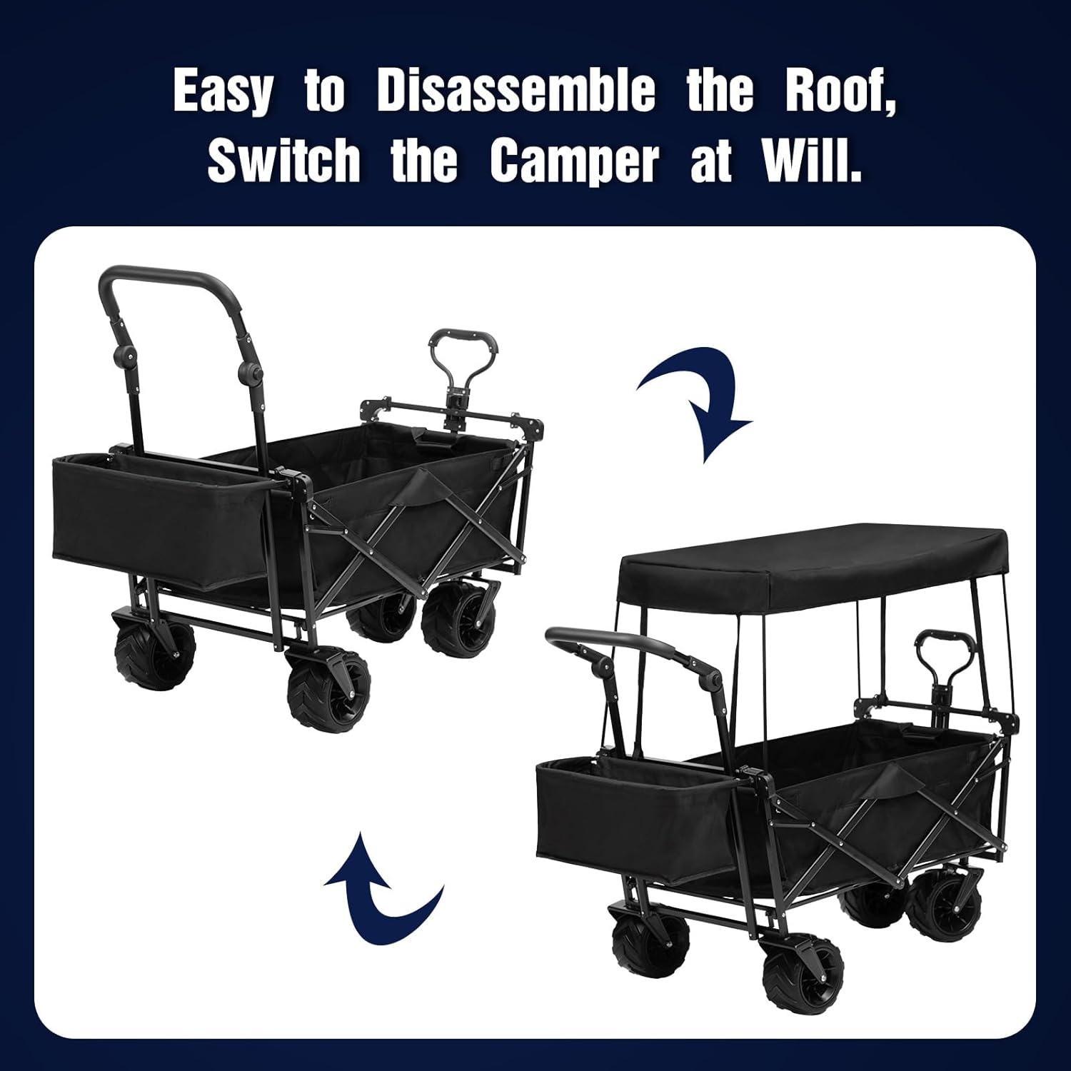 ALIMORDEN Foldable Canopy Wagon Garden Cart, Heavy Duty Outdoor Utility Collapsible Tool Cart with Removable Canopy and Big Wheels, Black