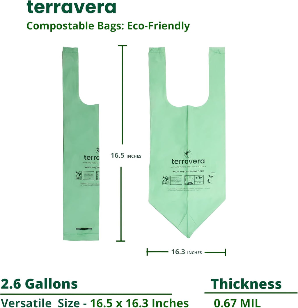2.6 Gallon Compostable Food Scrap Bags - Handle Tie (100 Count) | BPI & OK Home Certified | Counter Top Bin, Kitchen Trash, Home & Yard Waste Bags