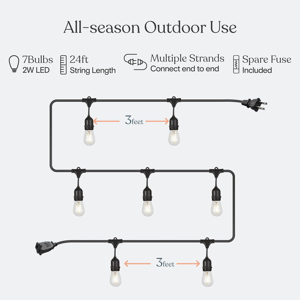 Brightech Ambience Pro - Waterproof LED Outdoor String Lights - 7 Hanging, Dimmable 2W Vintage Edison Bulbs - 24 Ft Commercial Grade Patio Lights Create Cafe Ambience in Your Backyard