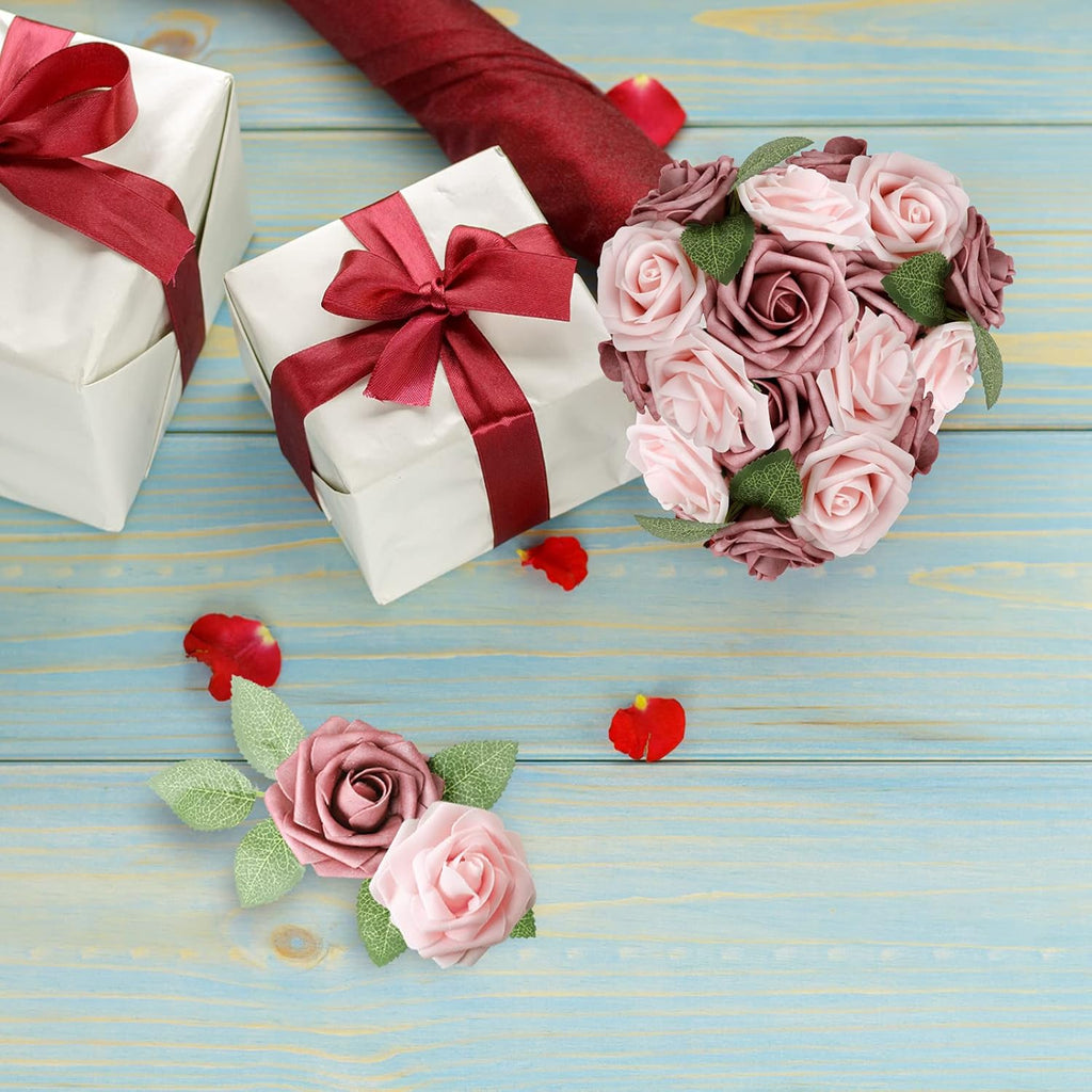 AmyHomie Artificial Flower Warm Taupe & Nude Rose 25pcs Real Looking Fake Roses w/Stem for DIY Wedding Bouquets Centerpieces Arrangements Party Baby Shower Home Decorations