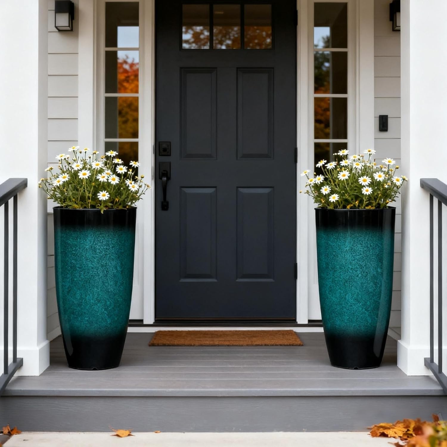 23.6" H Large Tall Outdoor Planters, Set of 2 Plastic Large Flower Pots for Outdoor Plants, with Gradient Turquoise Finish, Weather-Resistant for Porch, Garden, Patio or Indoor Use