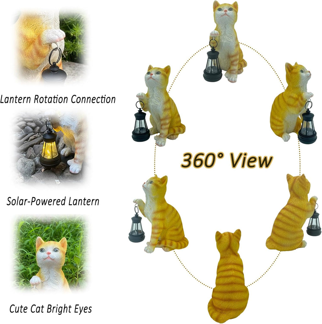 Garden Decor Solar Cat Statues with Solar Lantern Outdoor Decor Lovely Tabby Cat Figurine Halloween Yard Decoration Spooky Lawn and Garden Decor Holiday Party Ornament for Cat Lovers