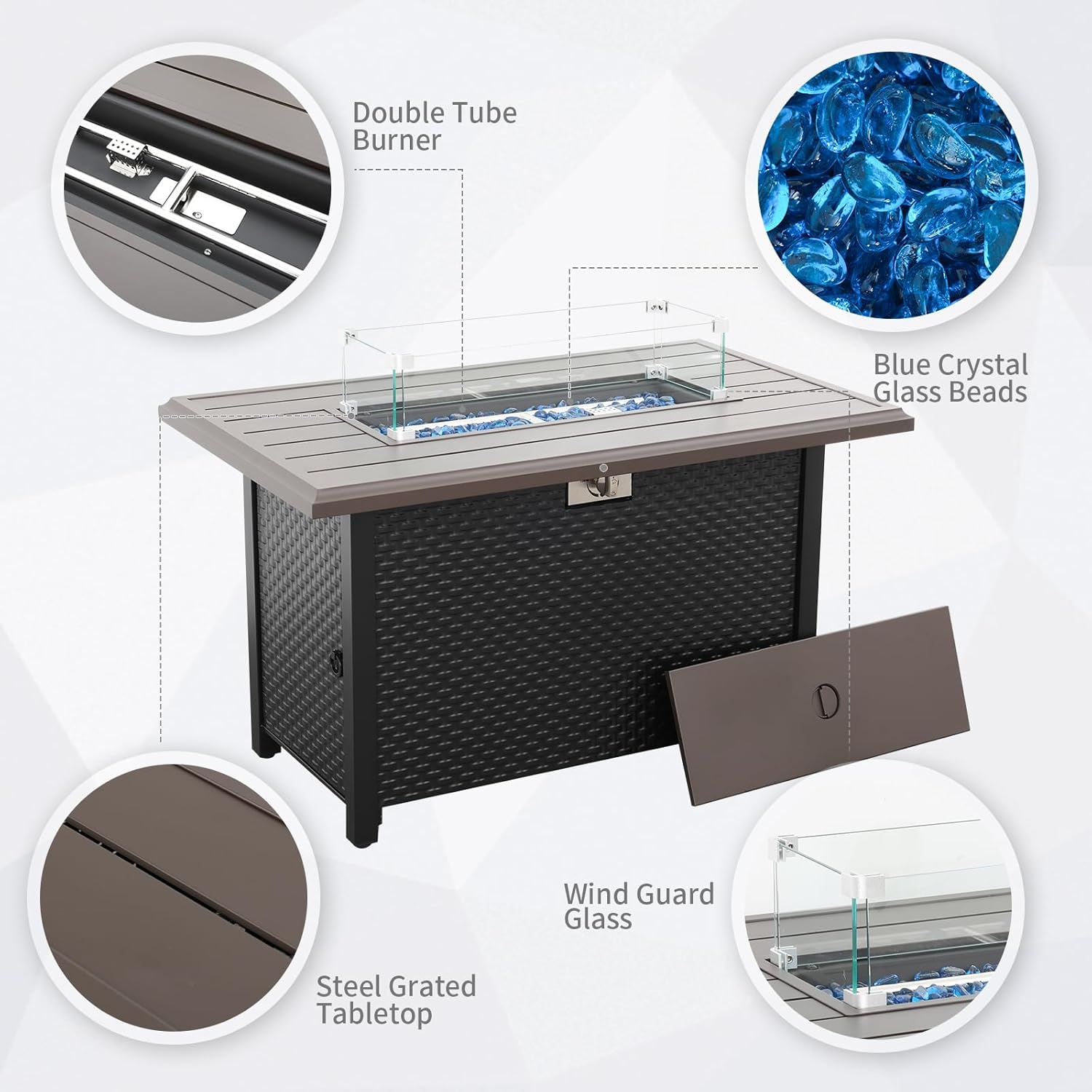 45 Inch Fire Table for Outside 60000 BTU Steel Gas Fire Pit Outdoor Fire Pit Table with Grille Tabletop Glass Wind Guard Fire Pit Cover and Blue Crystal Beads