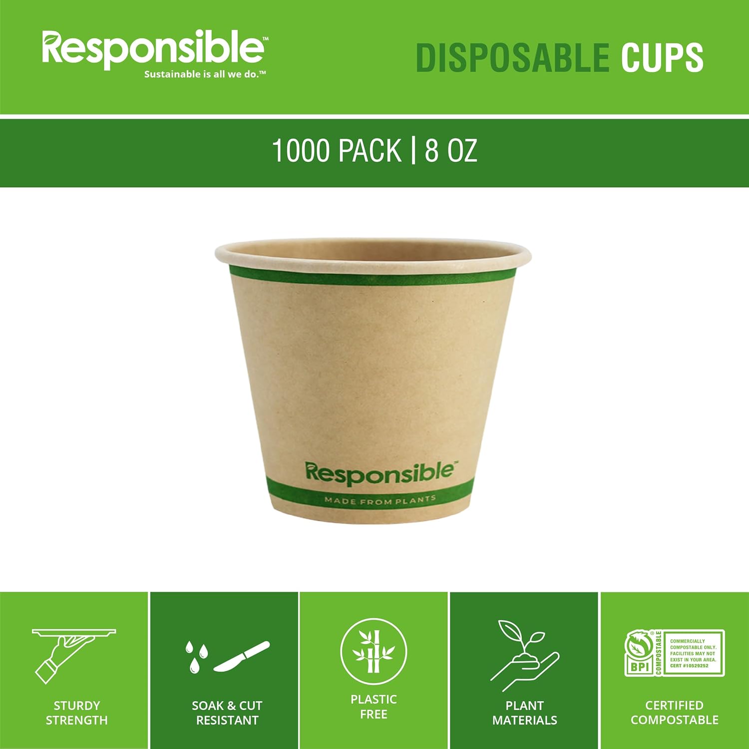 8 oz Paper Hot Cups (Squat), Tree-Less™ Compostable Paper Coffee Cups, Extra Strength, Tree-Free and Made Without PFAS, Natural Brown (1000 Count)
