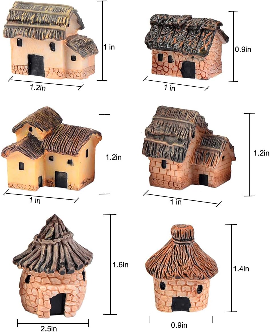 6PCS Fairy Garden Mini House Accessories, Miniature Village Hut Figurine Cottage, DIY Micro Landscape Decor Ornaments, for Bonsai, Succulent Planting, Terrarium, Flower Pots