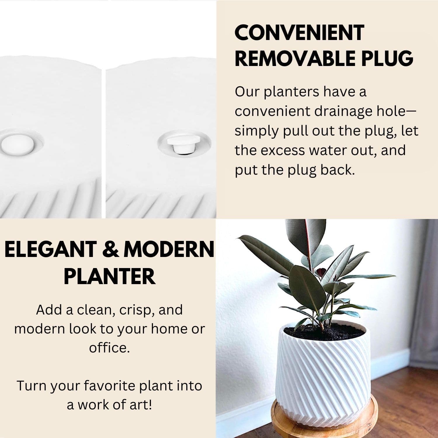 Fox & Fern 10 Inch Plant Pot with Drainage Plug — Premium Polystone White Plant Pot; Modern Planter with 3D Texture and Ceramic Finish; 10 Inch Pots for Plants Indoor & Outdoor